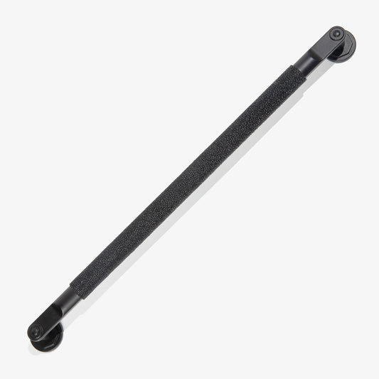 A matte black industrial looking cabinet pull with a m,atte black shagreen grip on a seamless white background