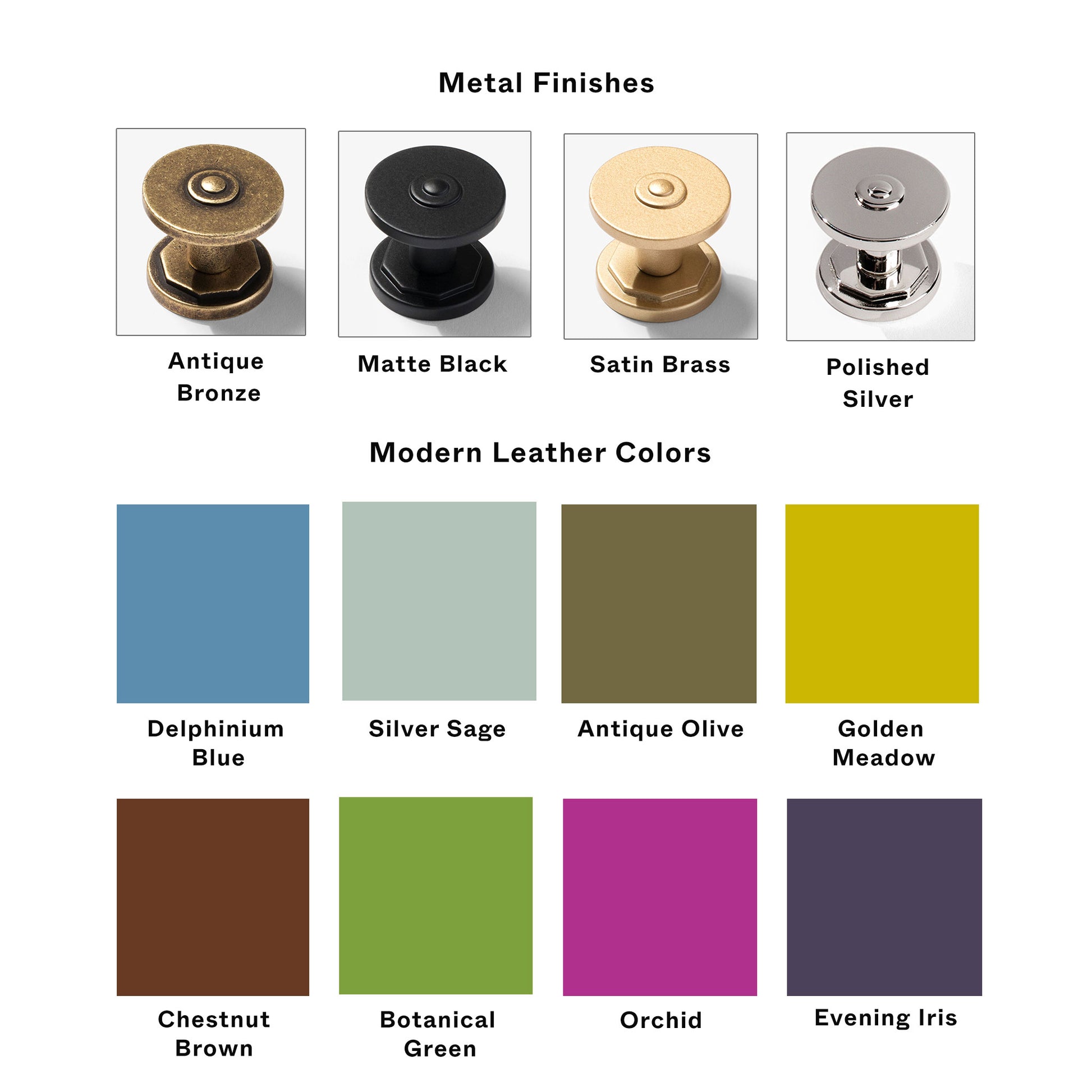 metal industrial modern hardware pulls different finishes and leather color selections on white background