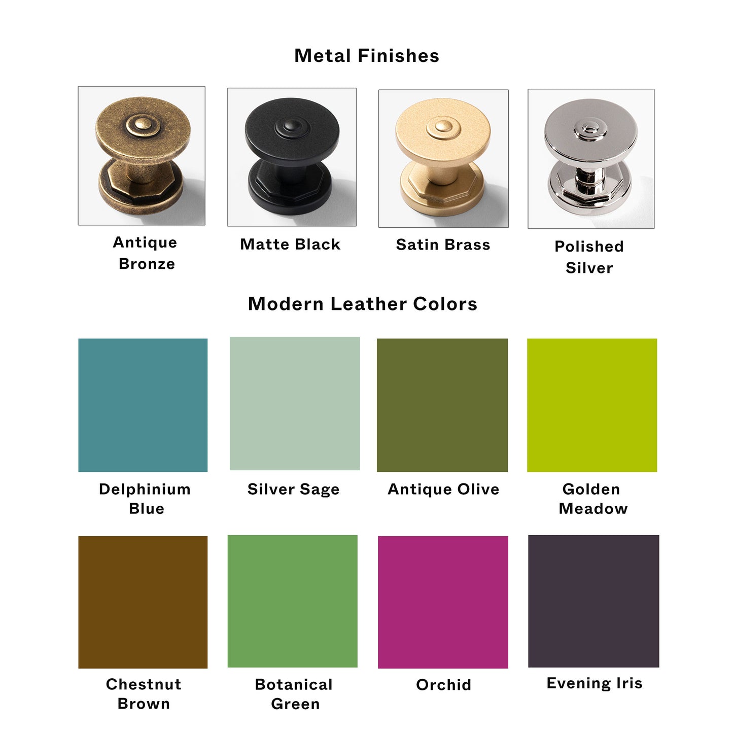 Metal cabinet  pulls and leather finish chart on a white background