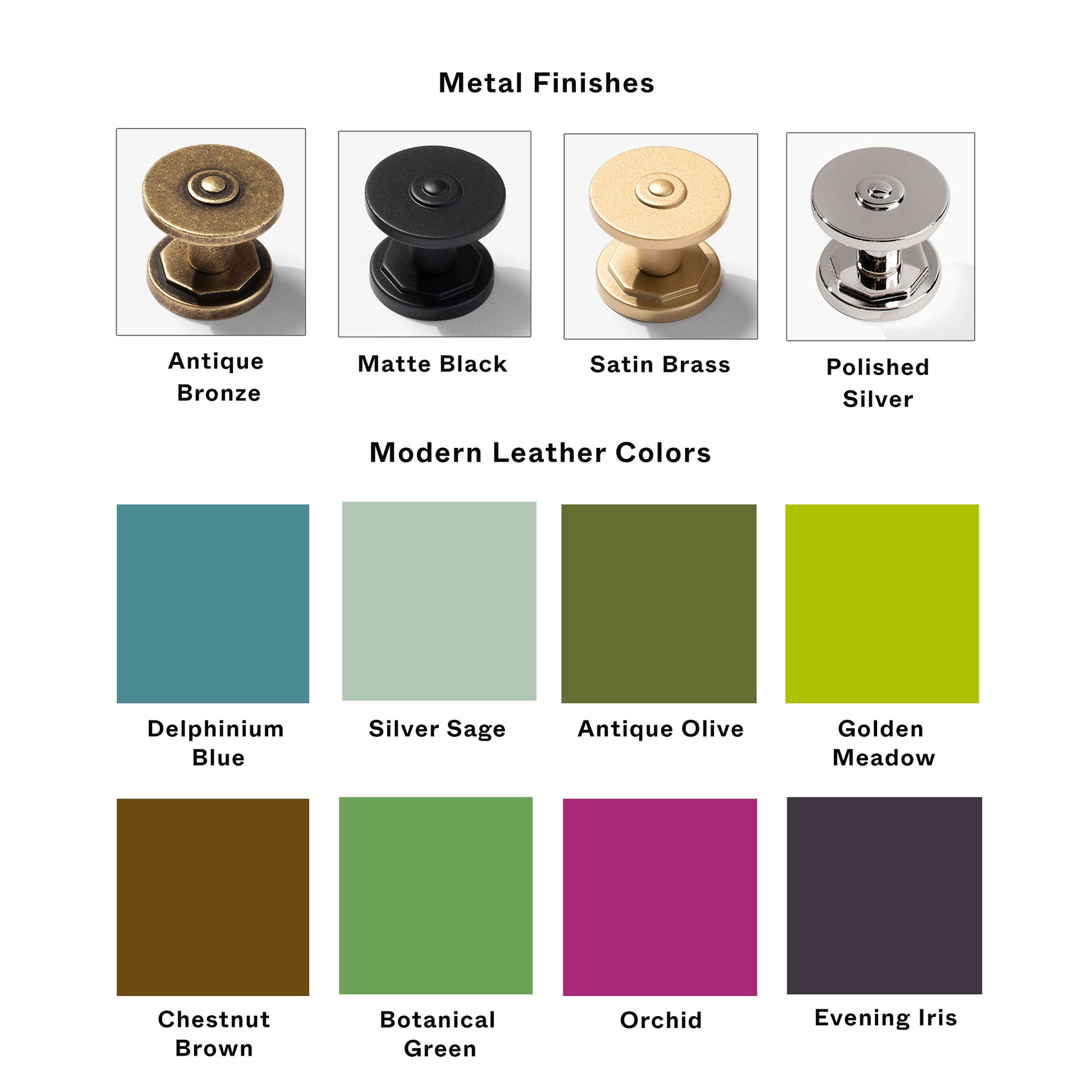 Metal cabinet  pulls and leather finish chart on a white background