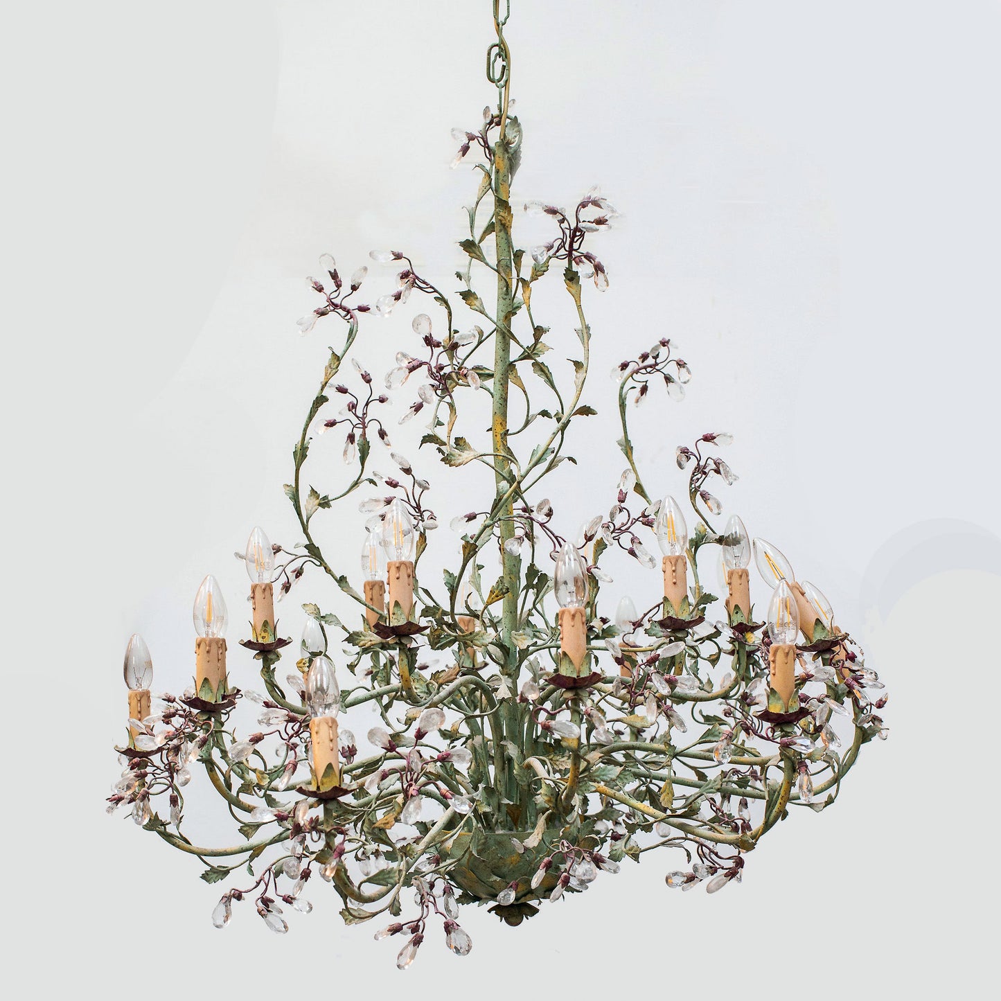 Italian Painted Metal & Murano Glass Crystal Chandelier