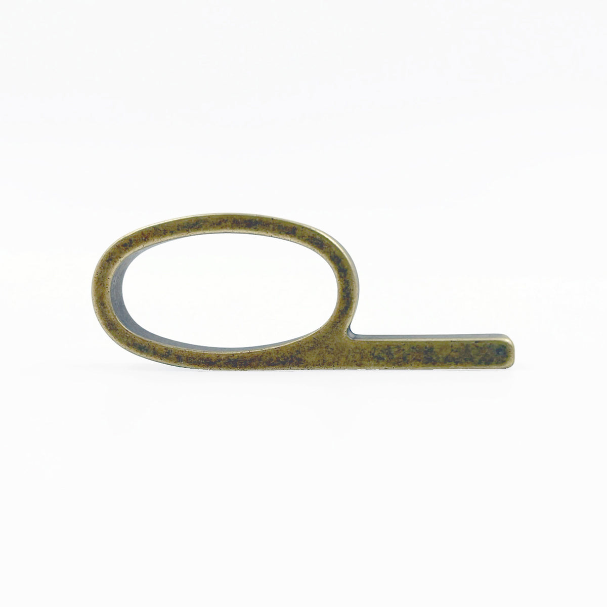 An antique bronze metal ring pull with a minimalist oval loop and straight bar, shown on a clean white background.