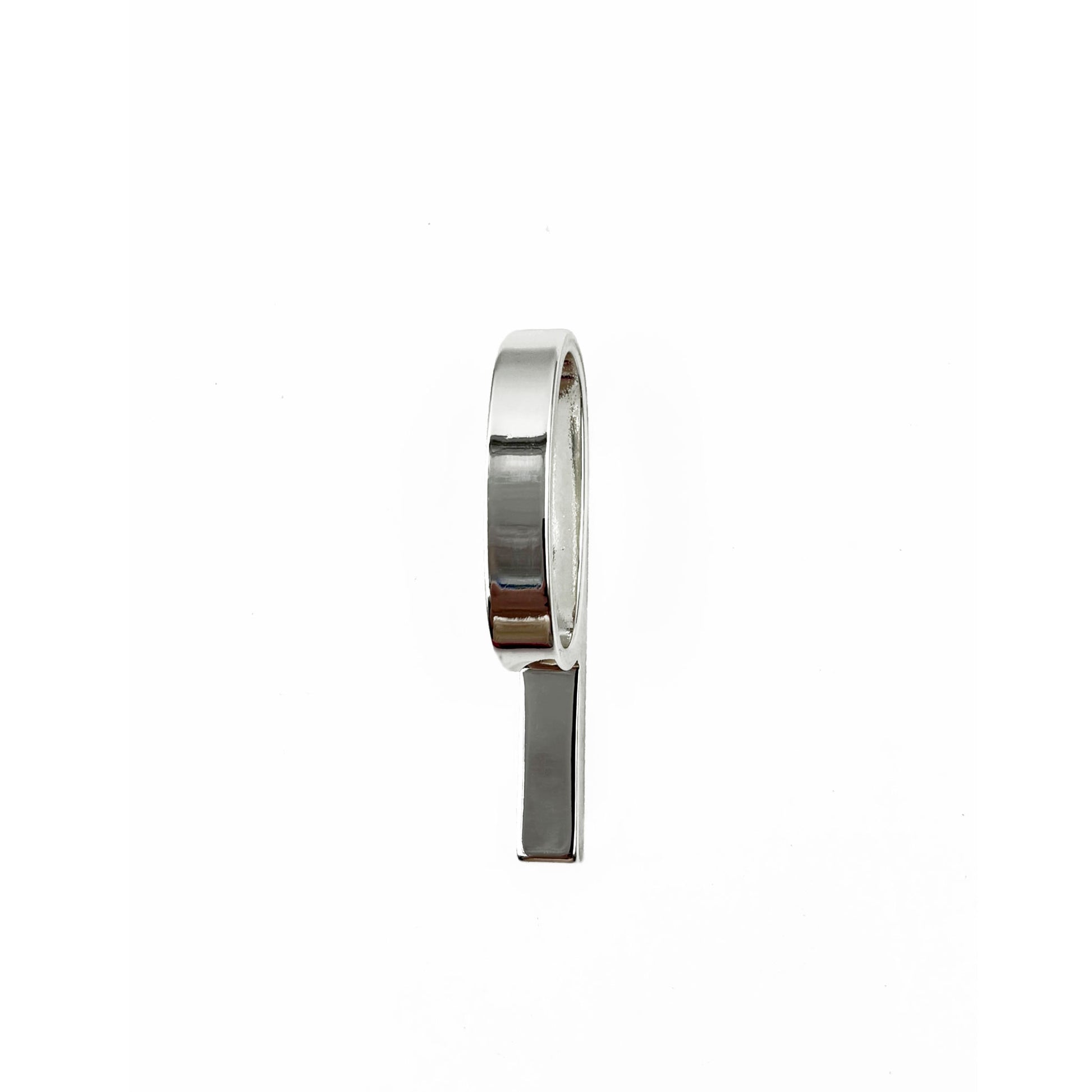 Top view of  polished silver metal ring pull with a minimalist oval loop and straight bar, shown on a clean white background.