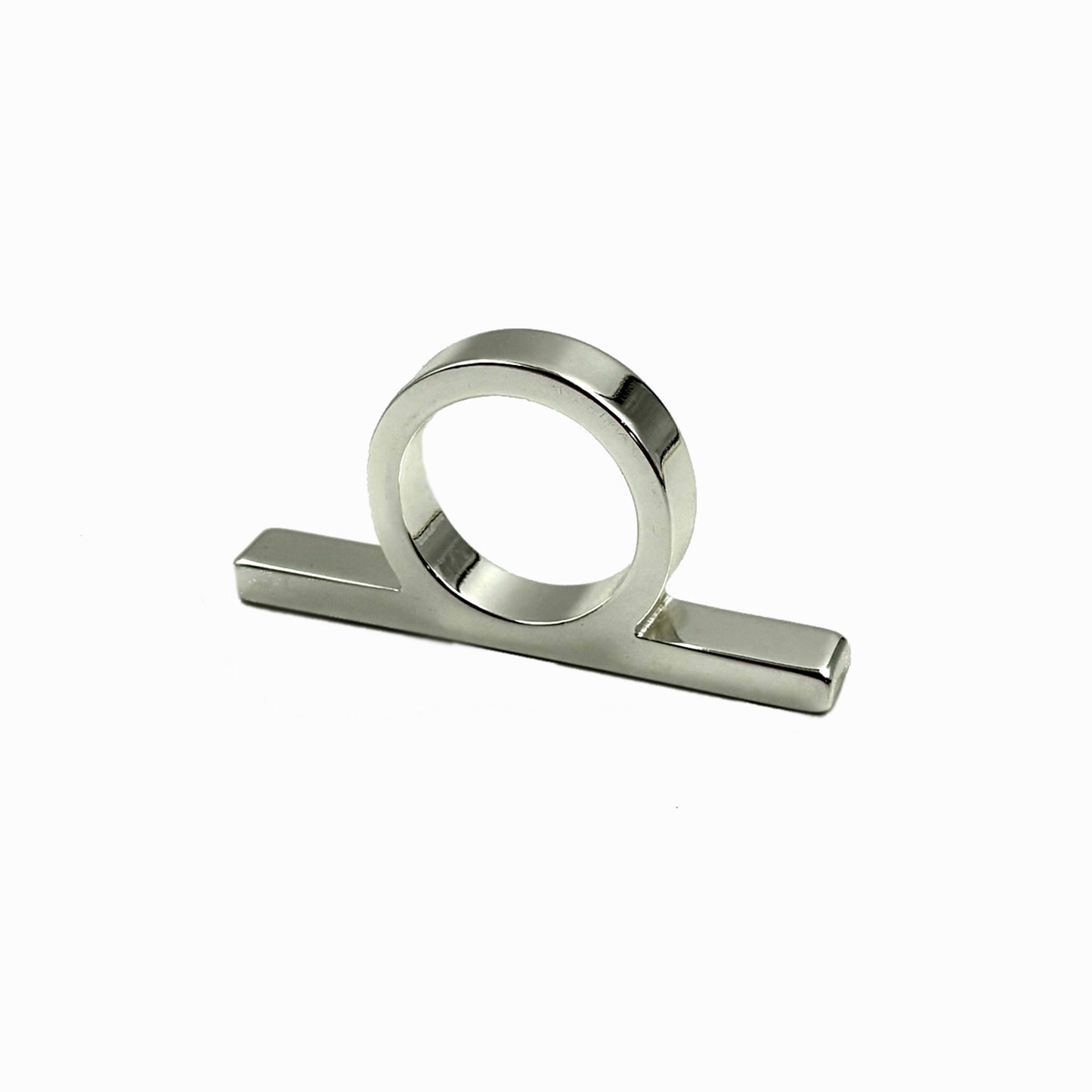 A polished silver metal ring pull with a circular loop and flat rectangular base, shown on a plain white background.