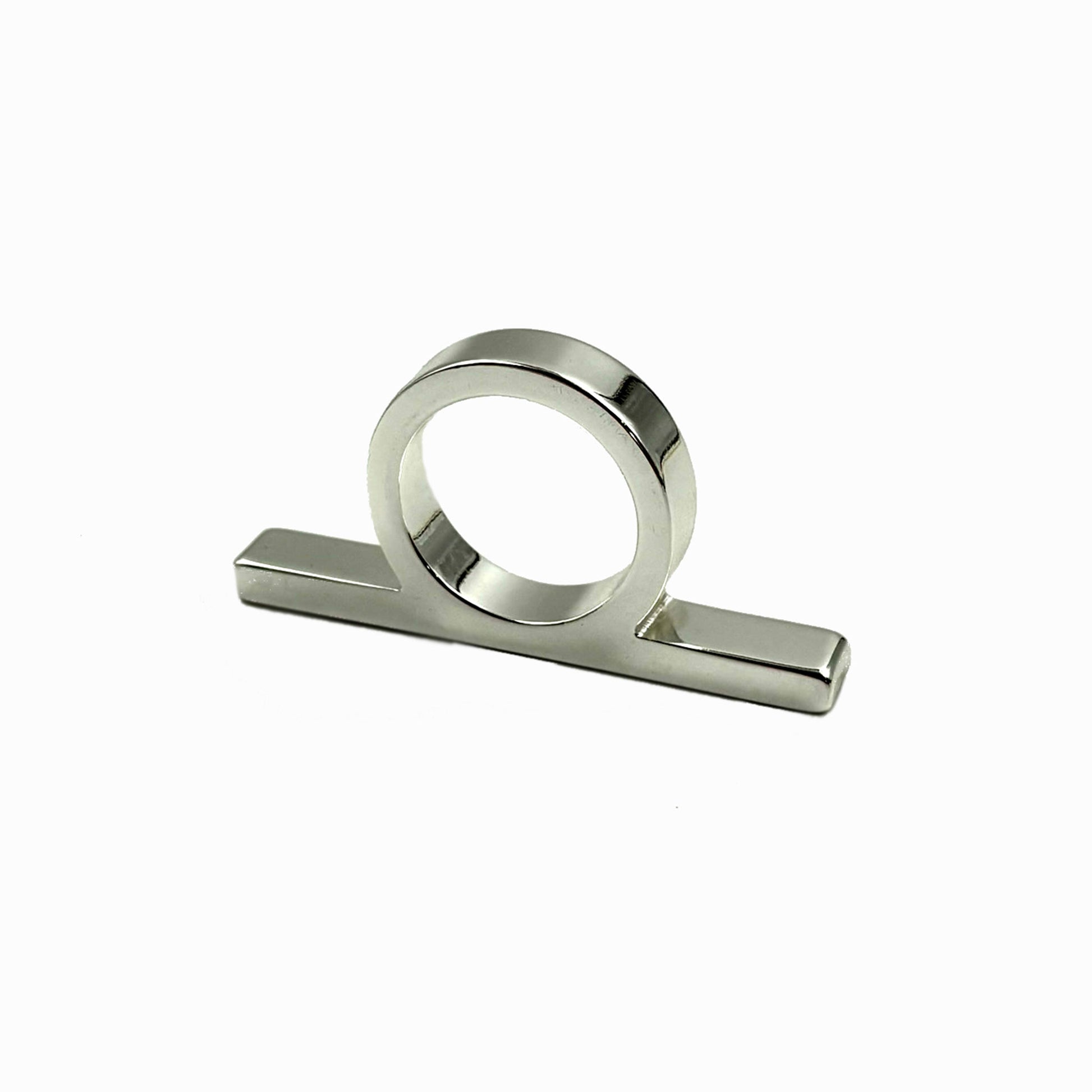 A polished silver metal ring pull with a circular loop and flat rectangular base, shown on a plain white background.