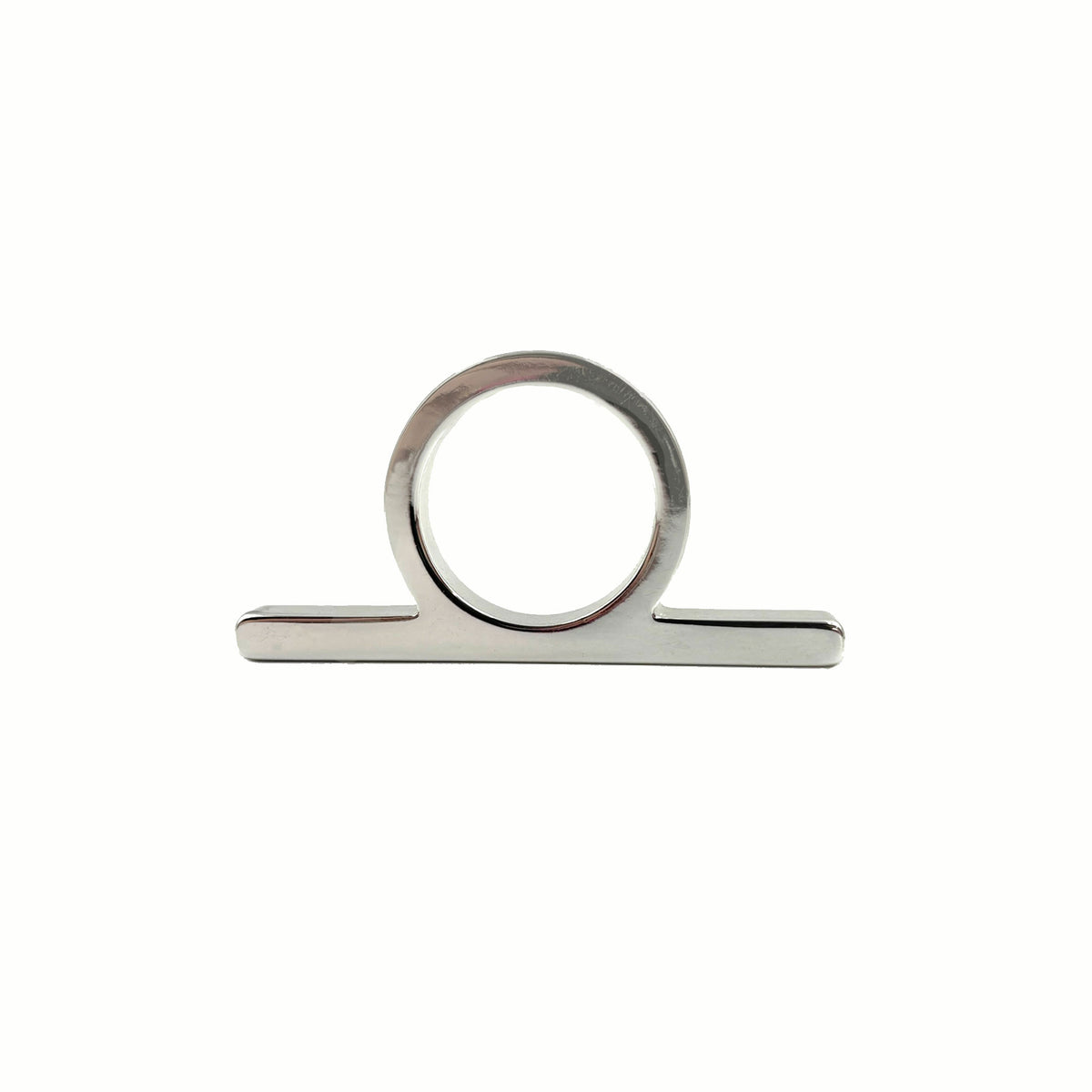 A polished silver metal ring pull with a circular loop and flat rectangular base, shown on a plain white background.