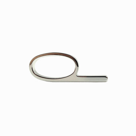 A polished silver metal ring pull with a minimalist oval loop and straight bar, shown on a clean white background.