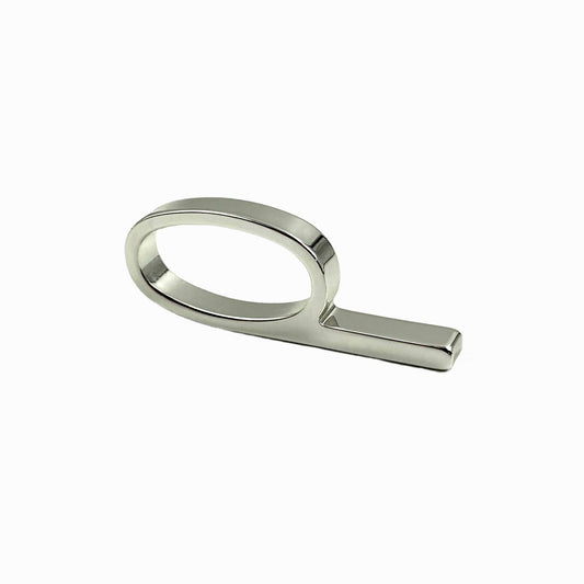 A polished silver metal ring pull with a minimalist oval loop and straight bar, shown on a clean white background.