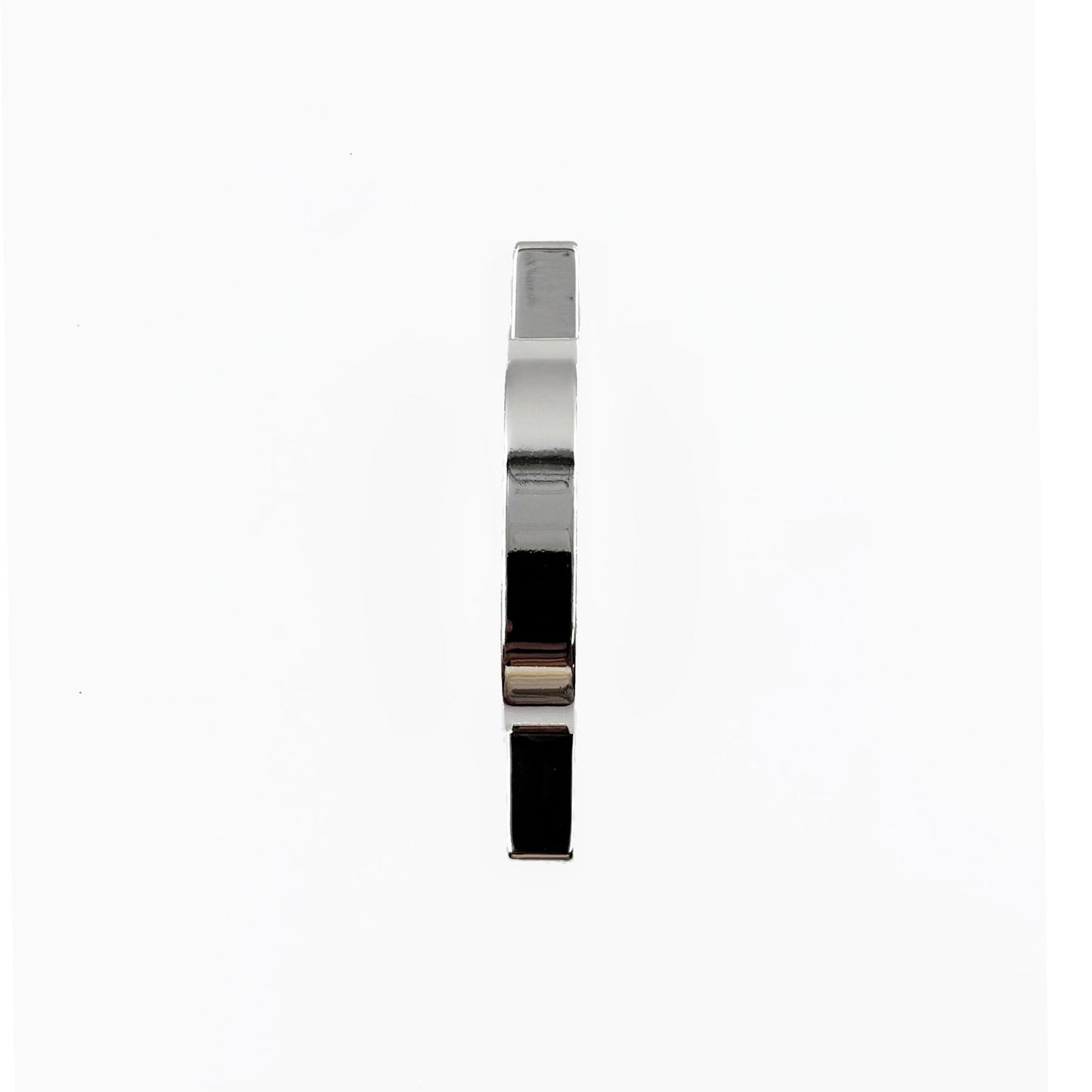 Top View of A polished silver metal ring pull with a circular loop and flat rectangular base, shown on a plain white background.