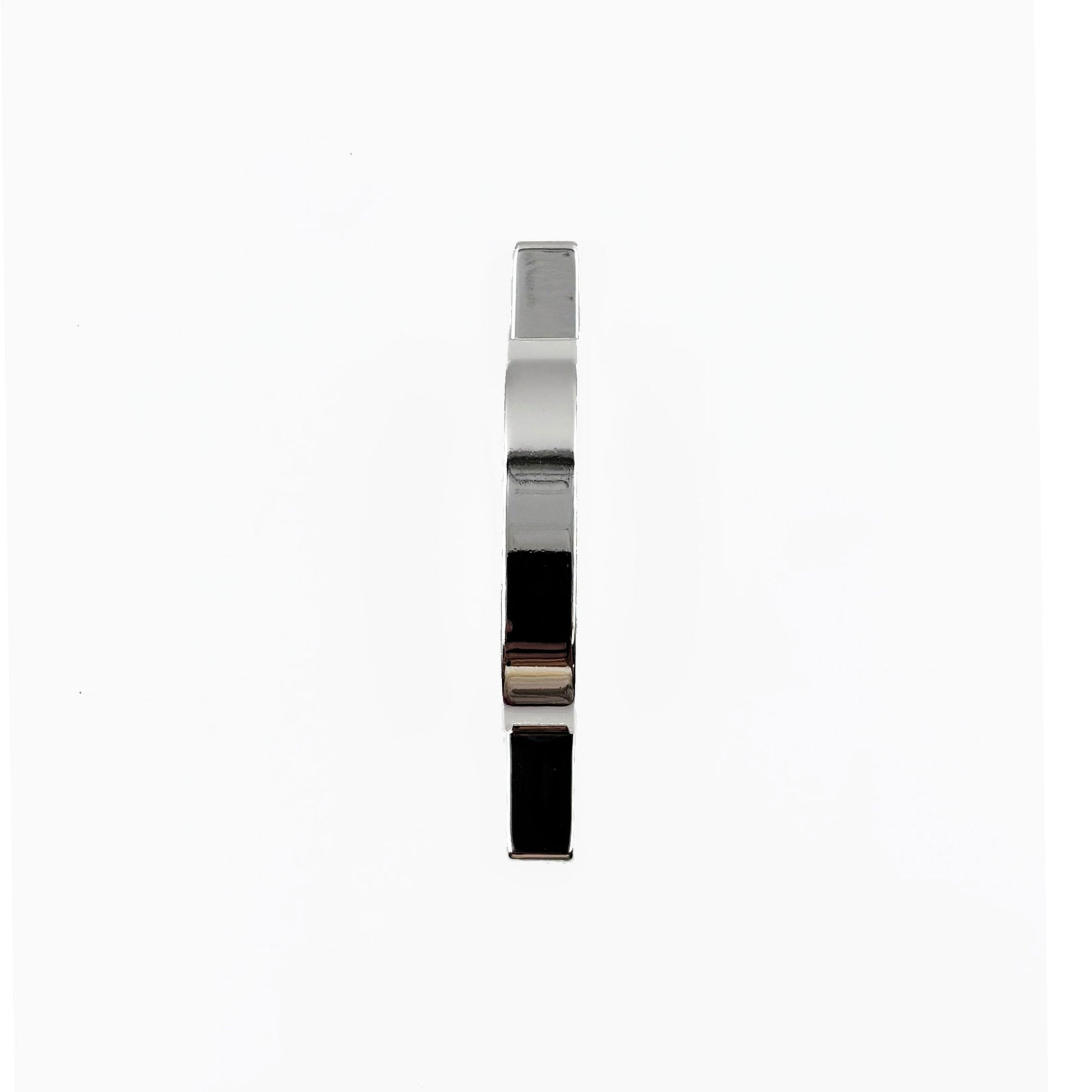 Top View of A polished silver metal ring pull with a circular loop and flat rectangular base, shown on a plain white background.