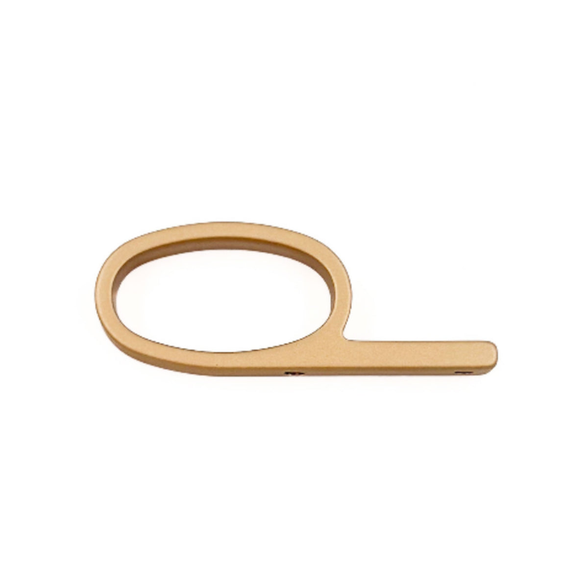 An satin brass metal ring pull with a minimalist oval loop and straight bar, shown on a clean white background.