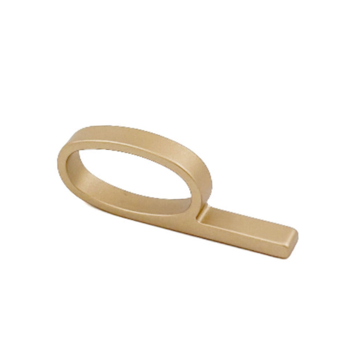 A satin brassl metal ring pull with a minimalist oval loop and straight bar, shown on a clean white background.