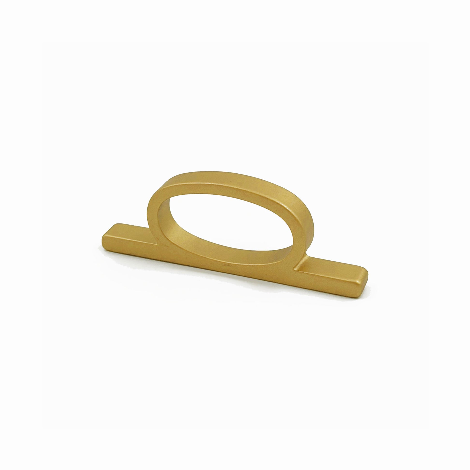A modern bar pull handle with a flat oval loop, finished in a matte brushed brass metal, shown on a clean white background.