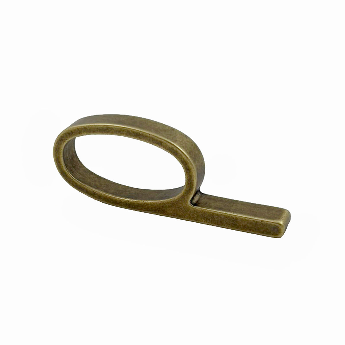 A antique bronze metal ring pull with a minimalist oval loop and straight bar, shown on a clean white background.