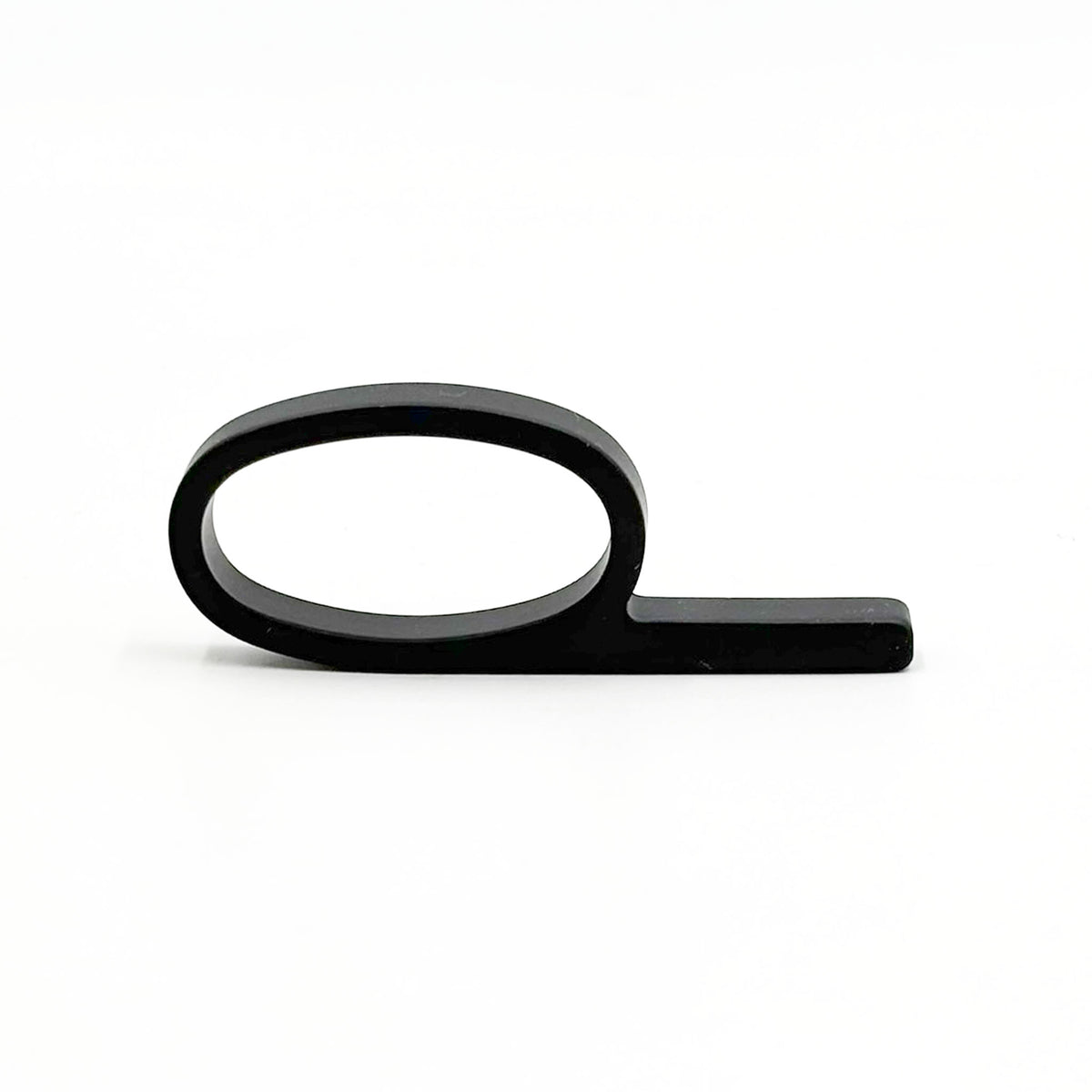 An matte black metal ring pull with a minimalist oval loop and straight bar, shown on a clean white background.