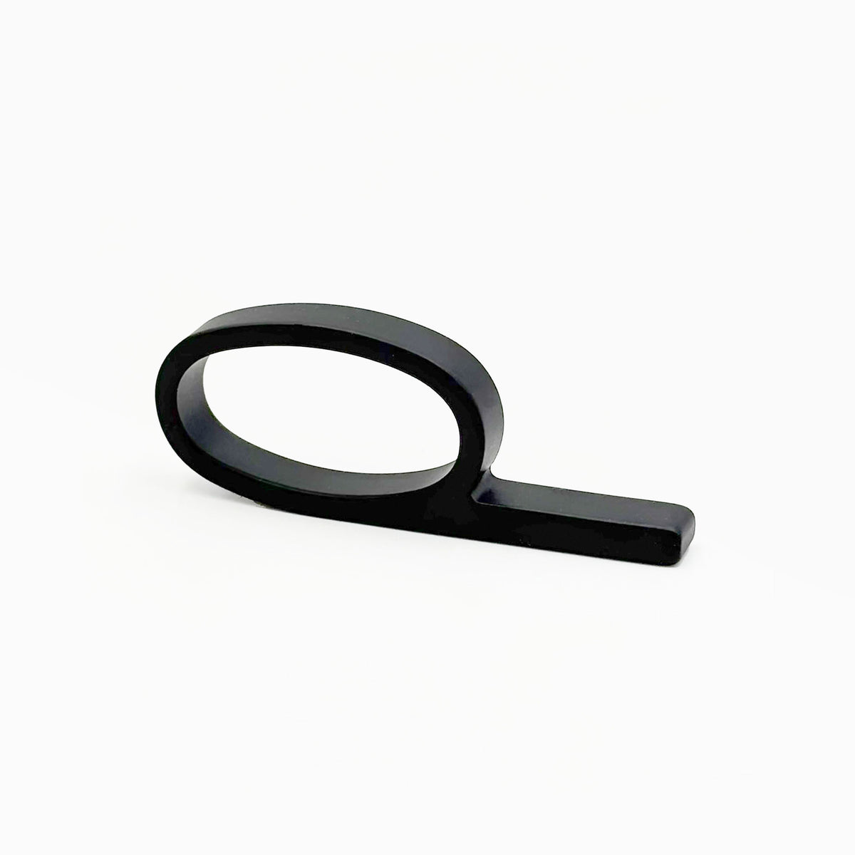 A matte black metal ring pull with a minimalist oval loop and straight bar, shown on a clean white background.