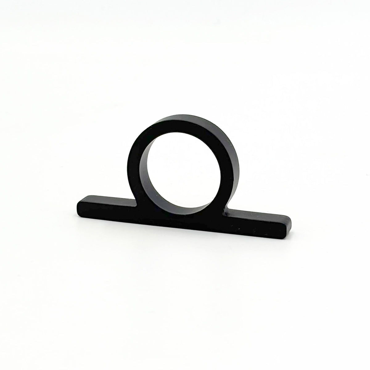 A matte black metal ring pull with a circular loop and flat rectangular base, shown on a plain white background.