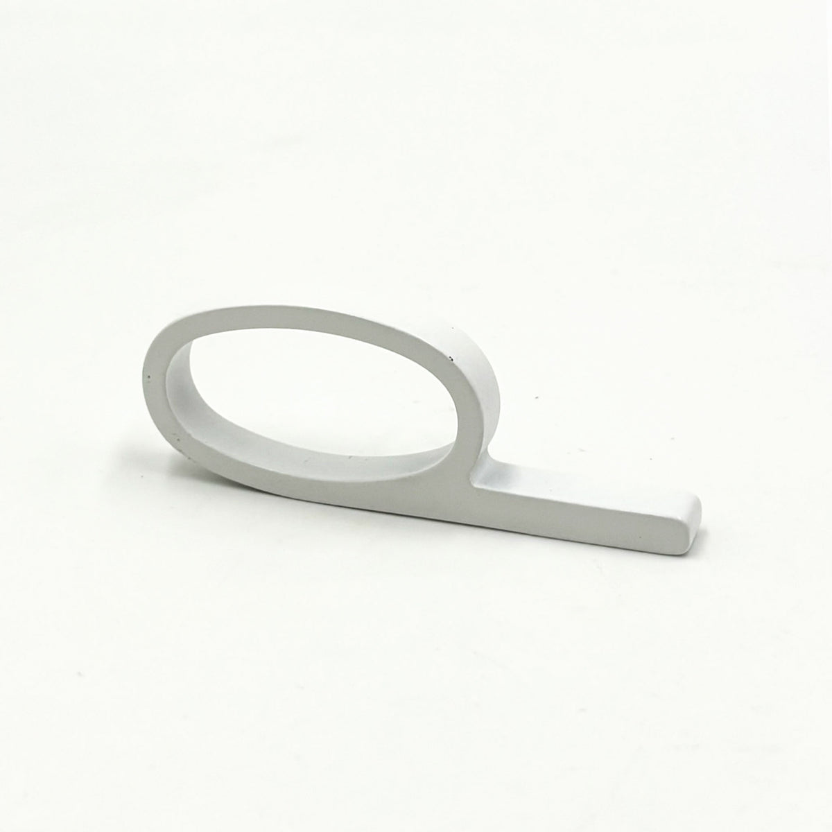 A matte white metal ring pull with a minimalist oval loop and straight bar, shown on a clean white background.