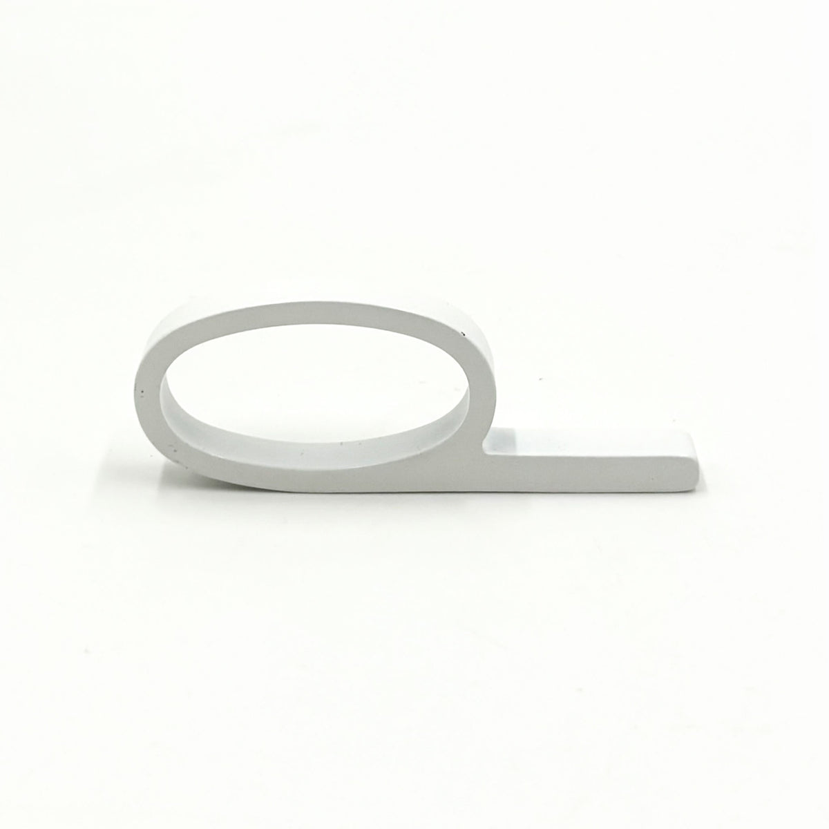 An matte white metal ring pull with a minimalist oval loop and straight bar, shown on a clean white background.