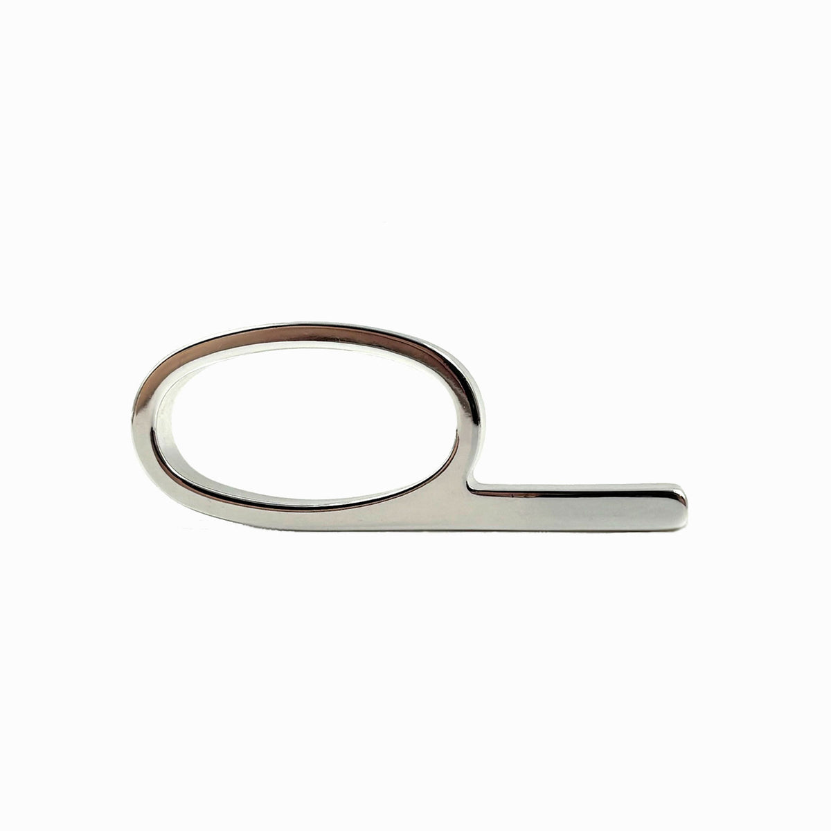 A polished silver metal ring pull with a minimalist oval loop and straight bar, shown on a clean white background.
