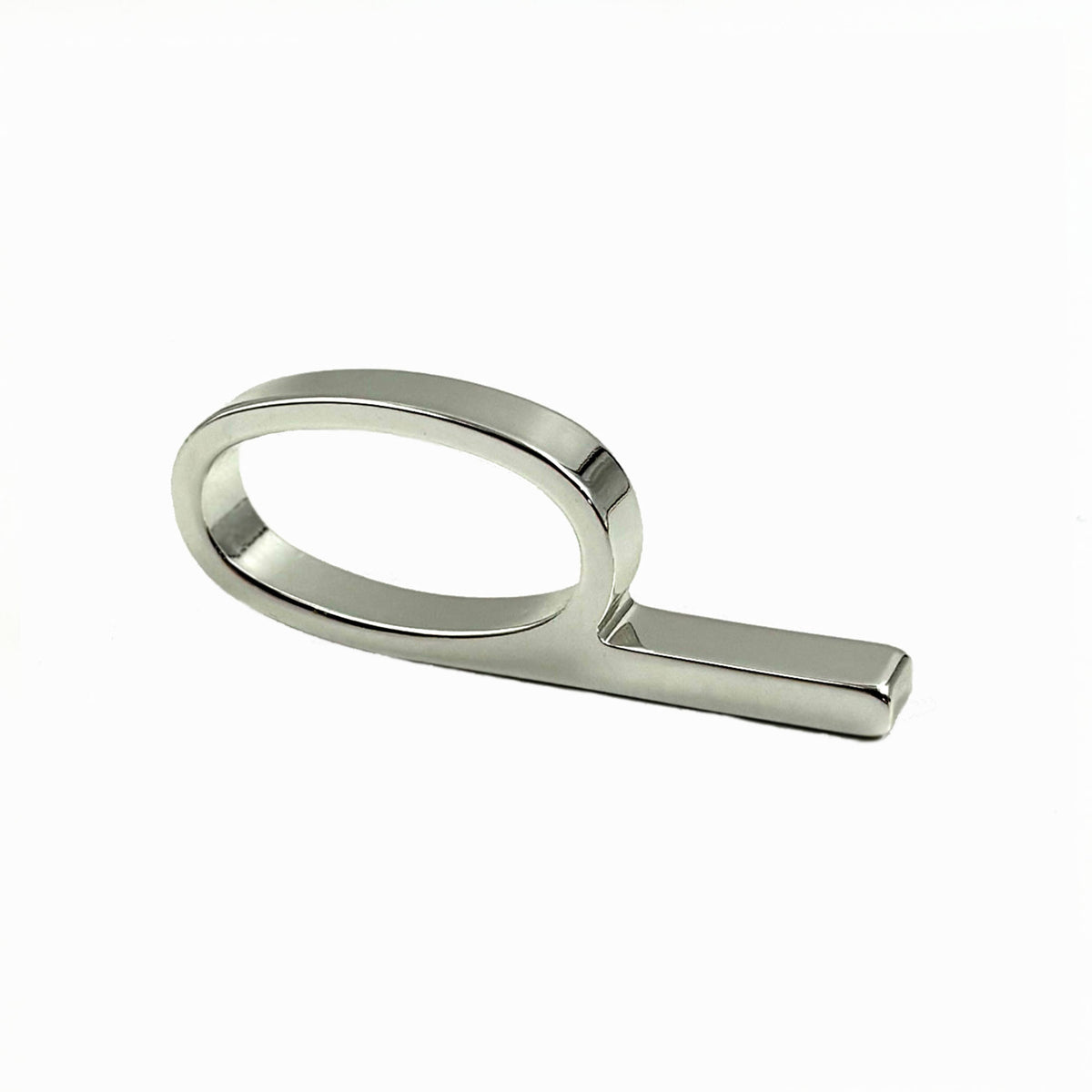 A polished silver metal ring pull with a minimalist oval loop and straight bar, shown on a clean white background.