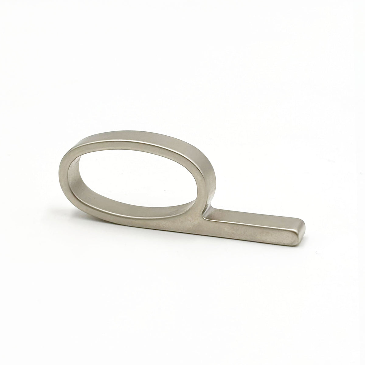 A matte nickel metal ring pull with a minimalist oval loop and straight bar, shown on a clean white background.