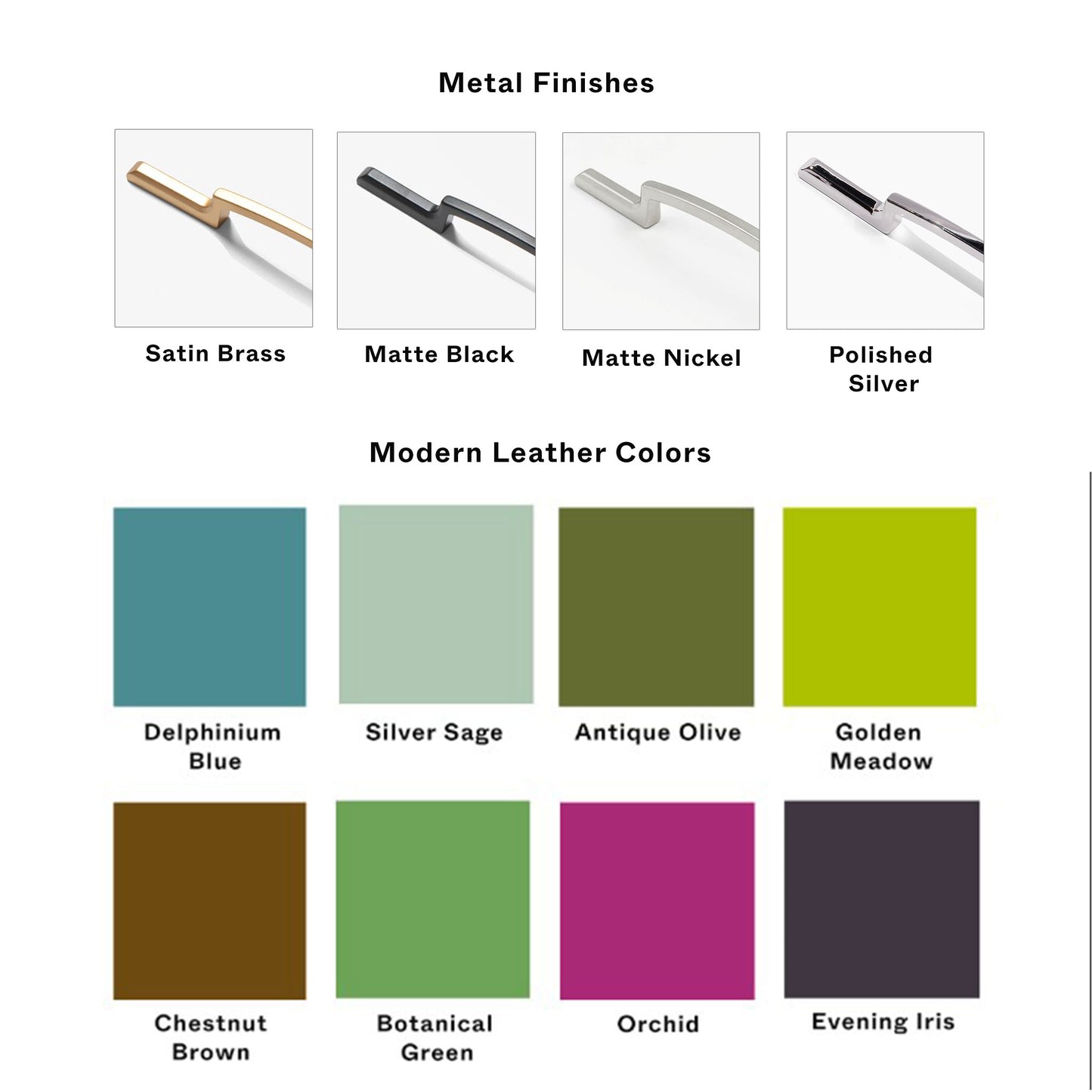 Metal cabinet  pulls and leather finish chart on a white background