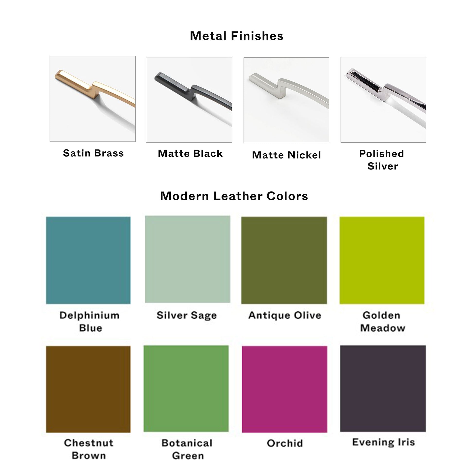 Metal cabinet  pulls and leather finish chart on a white background