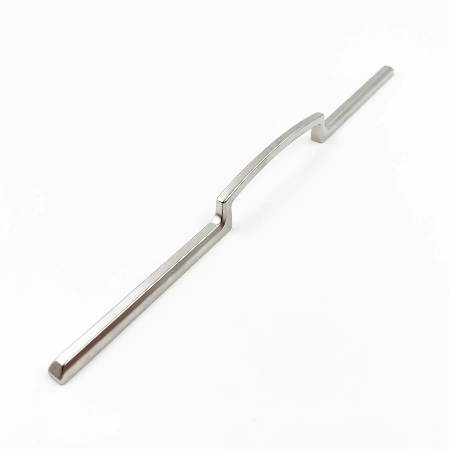 Symmetrical cabinet pull in Matte Nickel on a white background