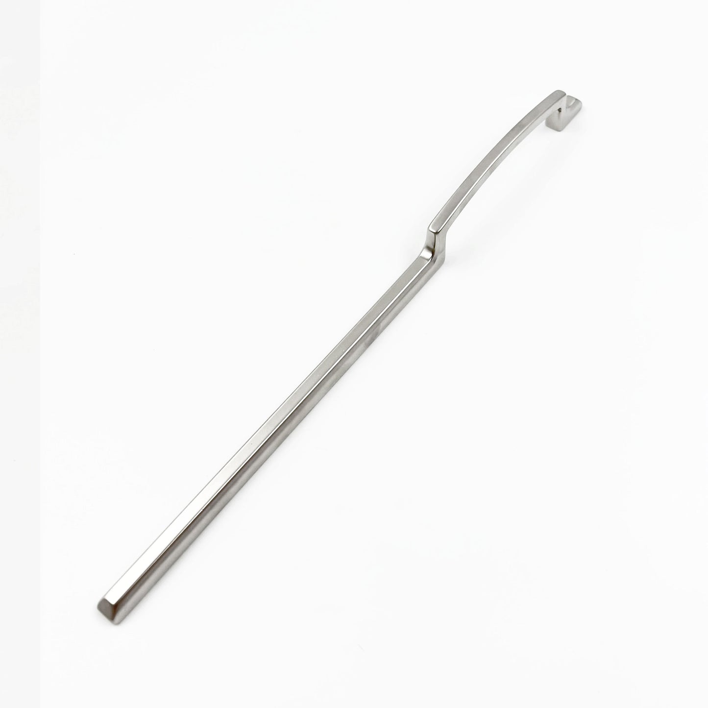 Metallic cabinet pullt with a curved design on a white background