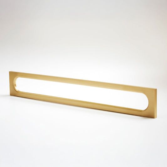 A long, narrow rectangular metak cabinet pull with a rounded rectangular cutout in the center, photographed on a clean light gray studio background.