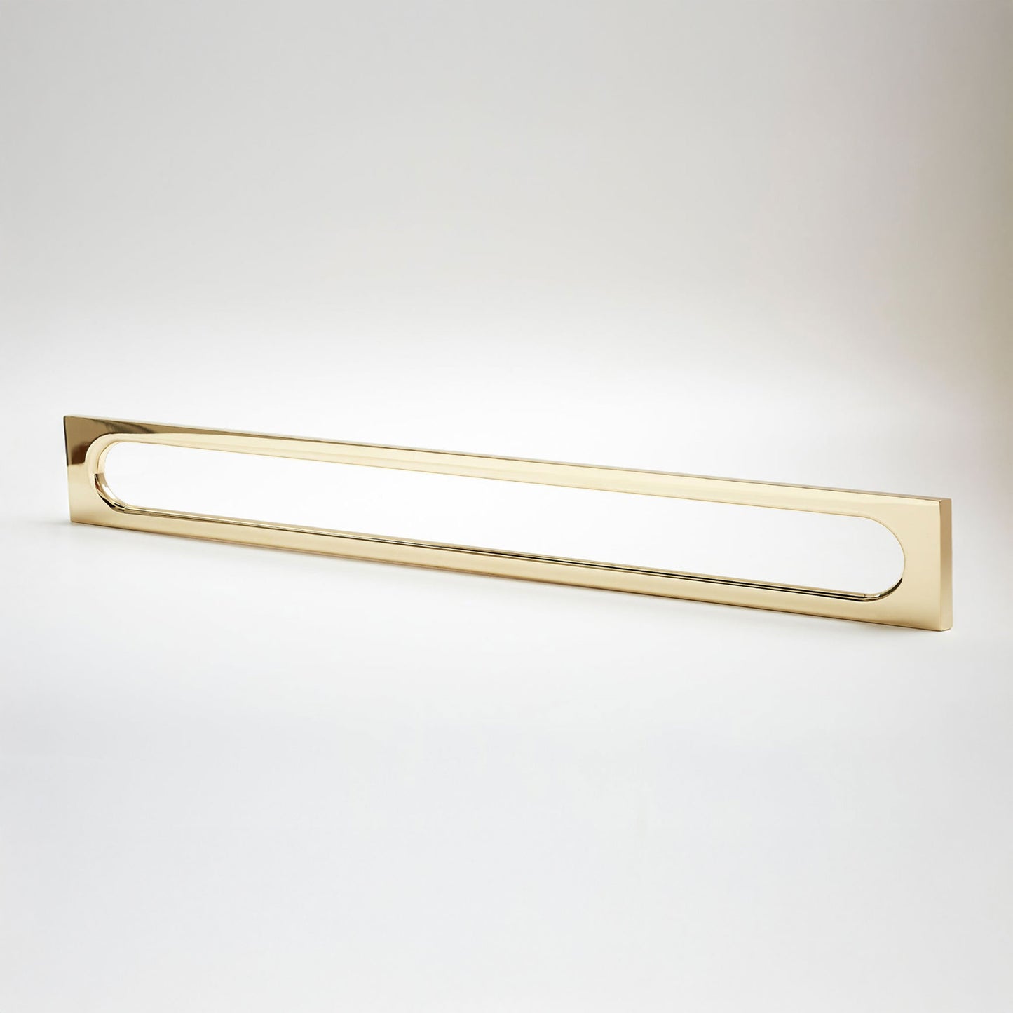 A long, narrow rectangular cabinet pull with a slim metallic frame and an elongated oval panel, shown on a clean white studio background.