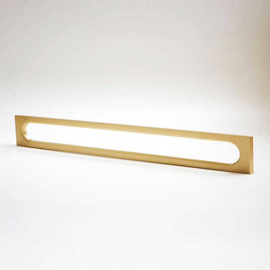 A long, narrow rectangular cabinet pull with a slim metallic frame and an elongated oval panel, shown on a clean white studio background.