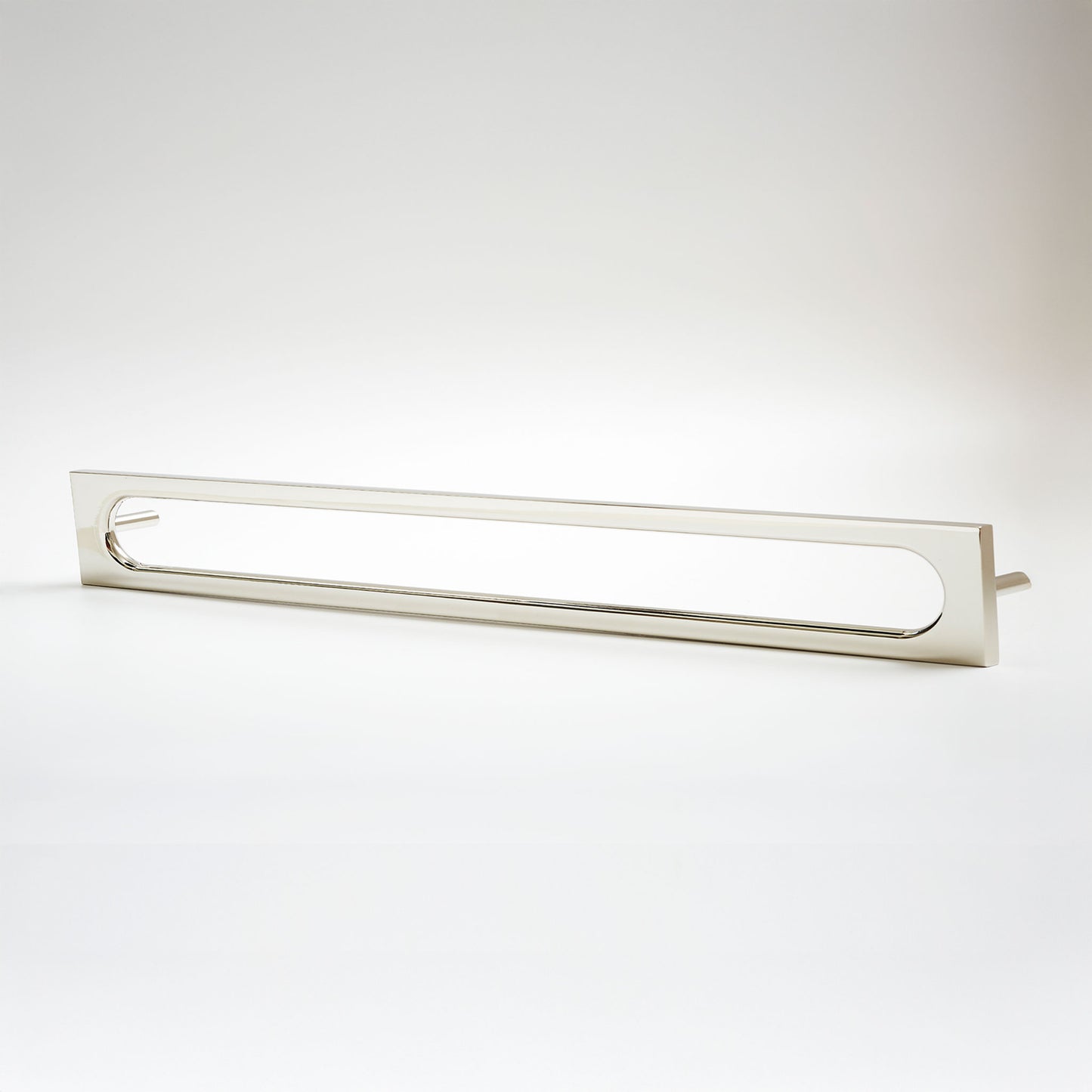 A modern, minimalist rectangular cabinet pull with a polished silver finish, shown against a clean white studio background.