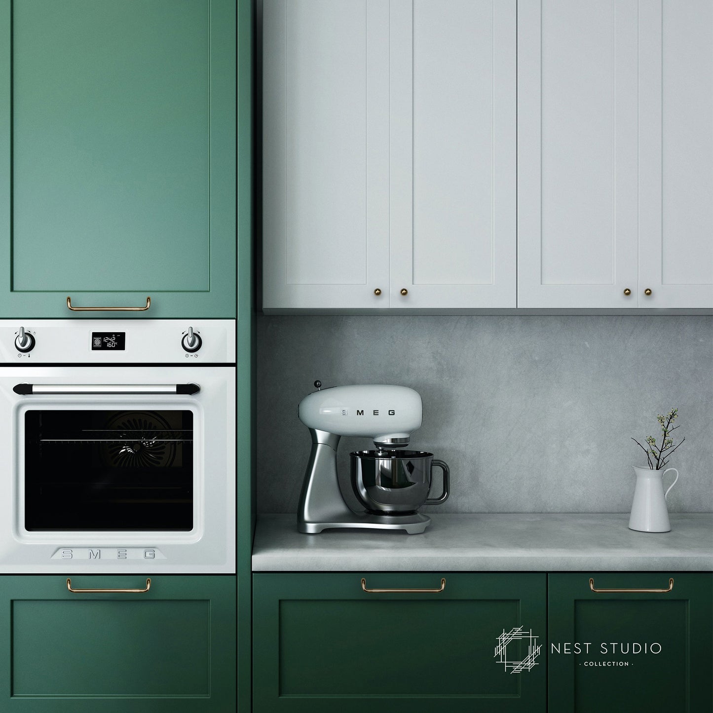 A modern kitchen scene featuring sage green and white cabinets, a built-in oven, a silver stand mixer on a gray countertop, and a small white vase with dried stems. The cabinets have brass handles, and a 'Nest Studio Collection' logo is visible in the bottom right corner.