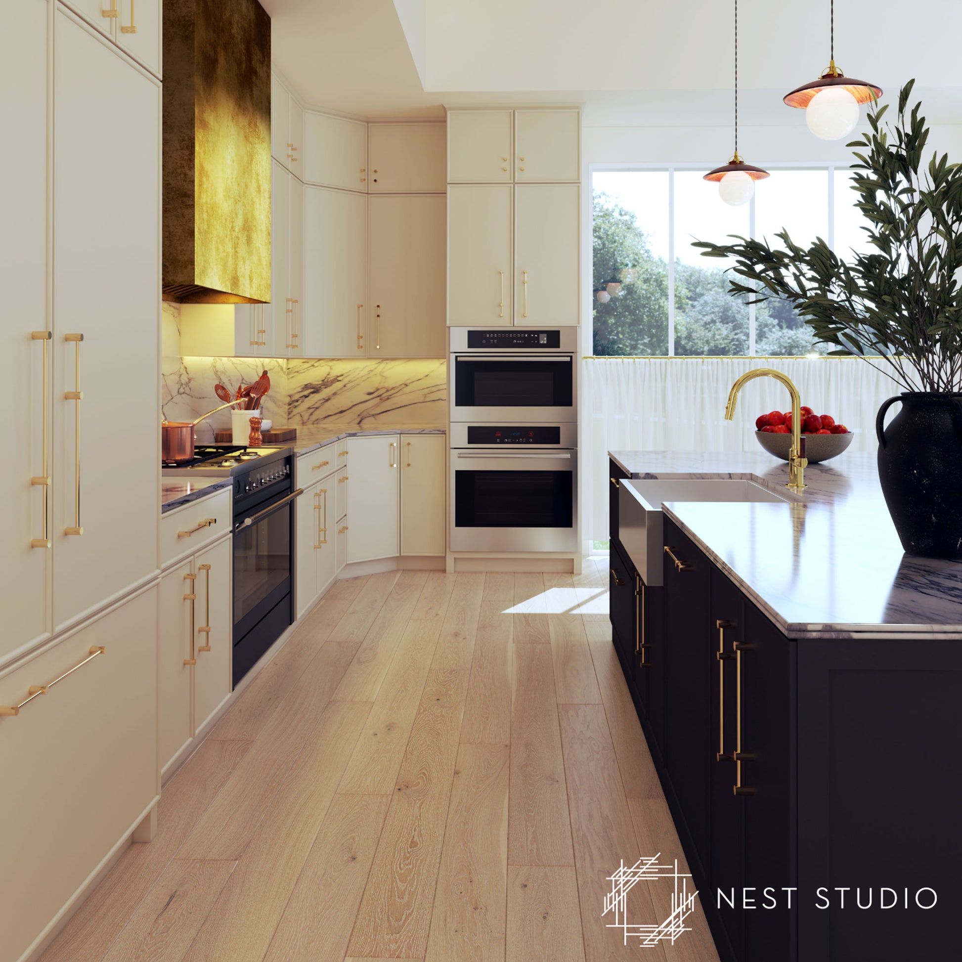 A modern kitchen interior with cream cabinetry, gold handles, stainless steel appliances, light wood flooring, a marble backsplash, a black island with a marble top, and a large potted plant on the counter. A Nest Studio watermark appears in the bottom right corner.