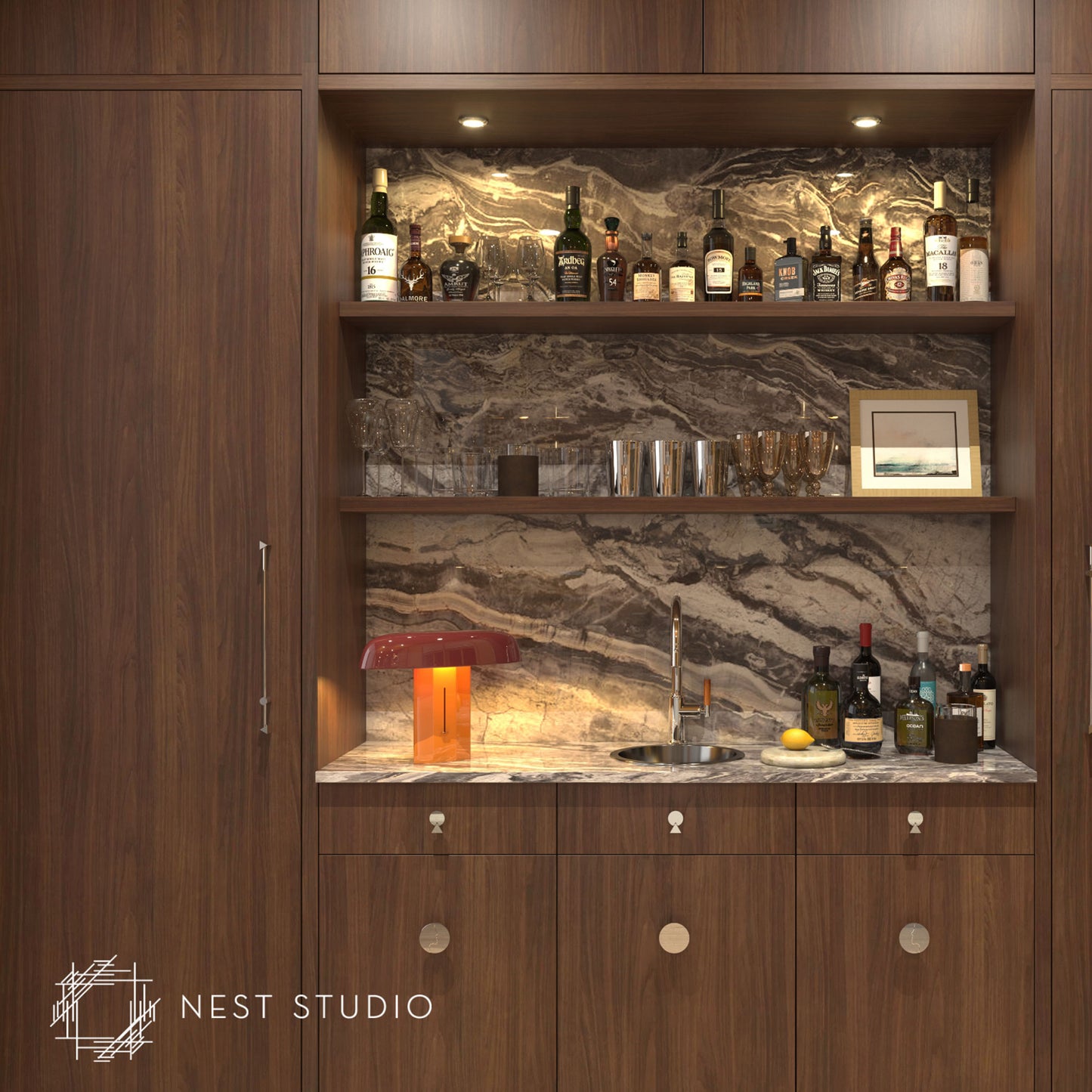 A luxury built-in bar cabinet featuring dark wood cabinetry, a polished marble backsplash, open shelves stocked with liquor bottles, a marble countertop with a sink, and a red glowing ambient lamp. The Nest Studio logo is visible in the bottom-left corner.