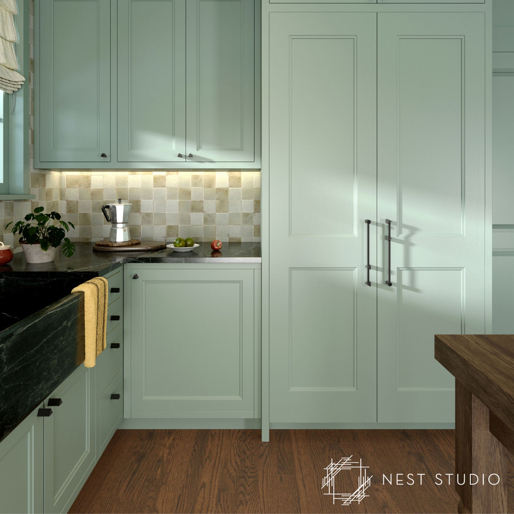 A modern kitchen interior featuring sage green shaker-style cabinets, a dark green marble countertop, a beige checkered tile backsplash, and dark wood flooring. A Nest Studio watermark is visible in the bottom right corner.