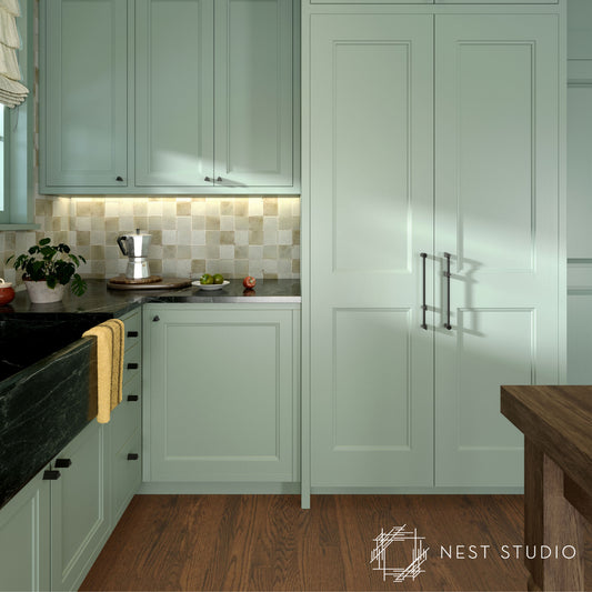 A modern kitchen interior featuring sage green shaker-style cabinets, a dark green marble countertop, a beige checkered tile backsplash, and dark wood flooring. A Nest Studio watermark is visible in the bottom right corner.