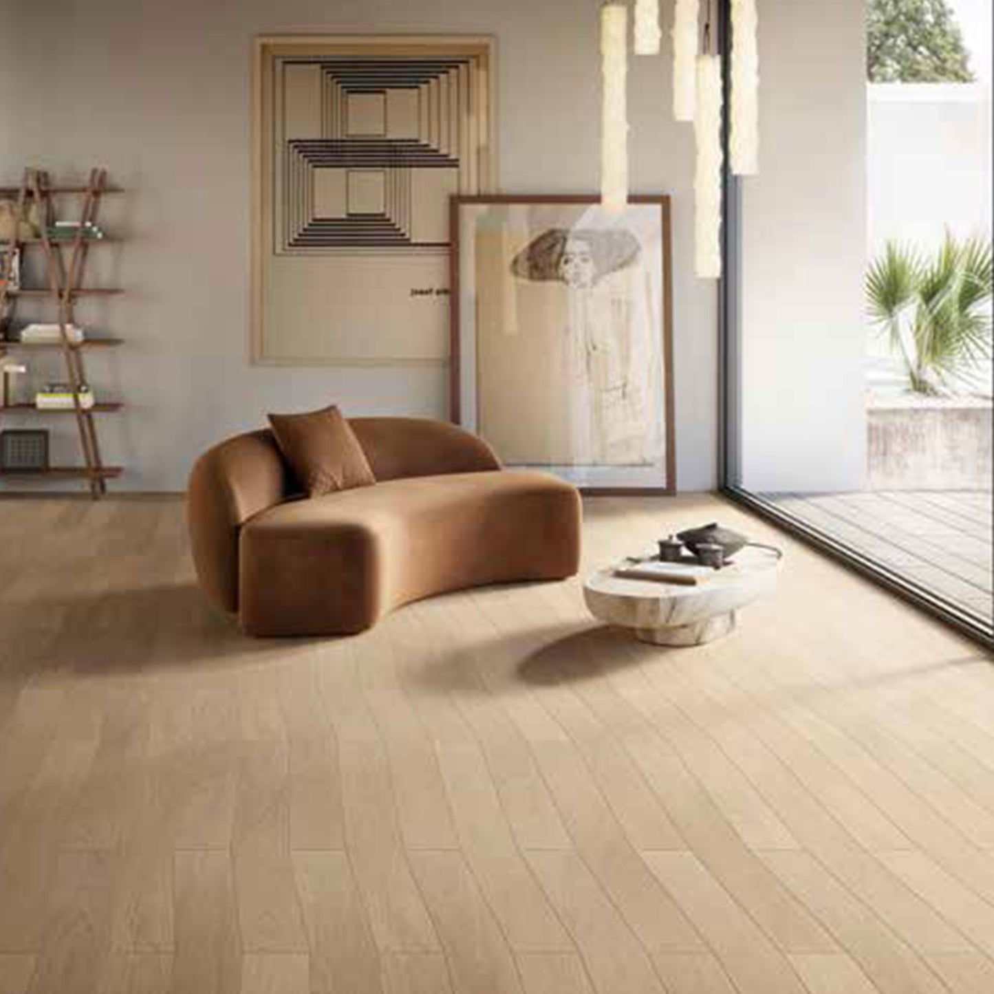 Modern living room with a brown sofa and wooden floor