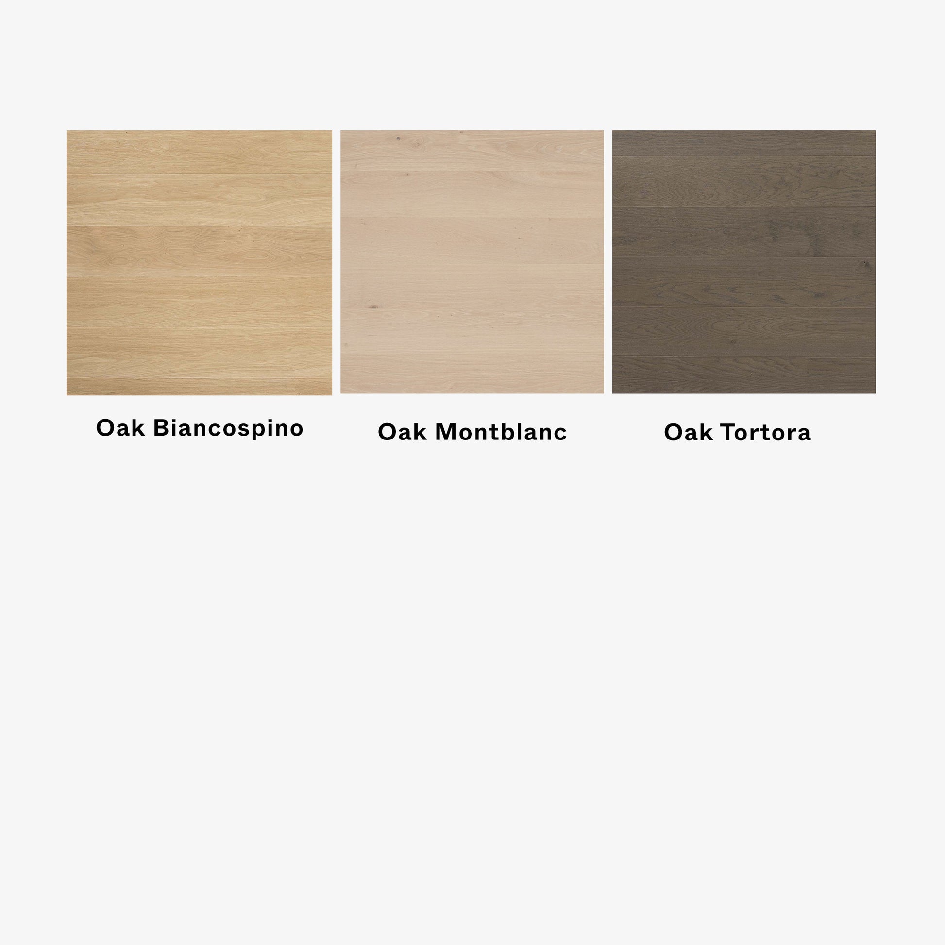 Three wood color swatches labeled 'Oak Biancospino', 'Oak Montblanc', and 'Oak Tortora' on a white background.