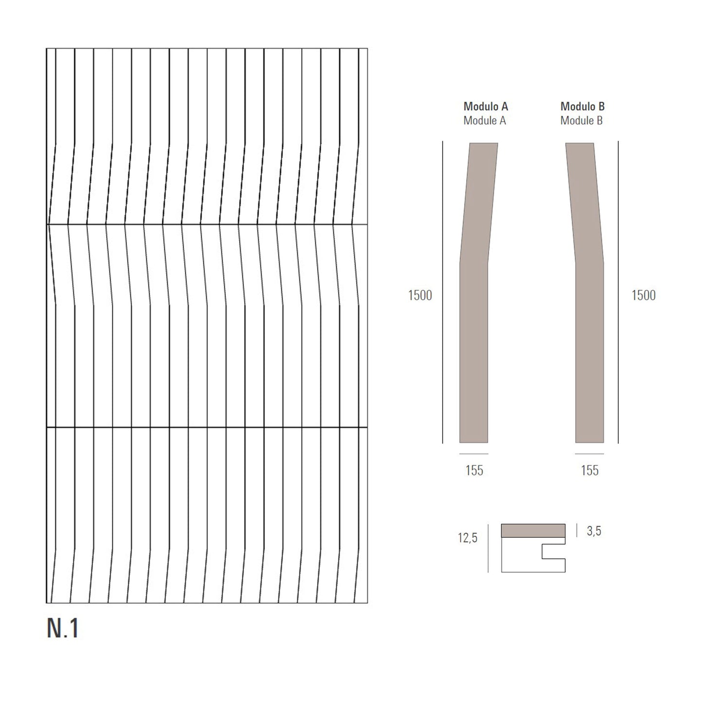 Technical drawing of a sectional wood floor design with module A and B dimensions.