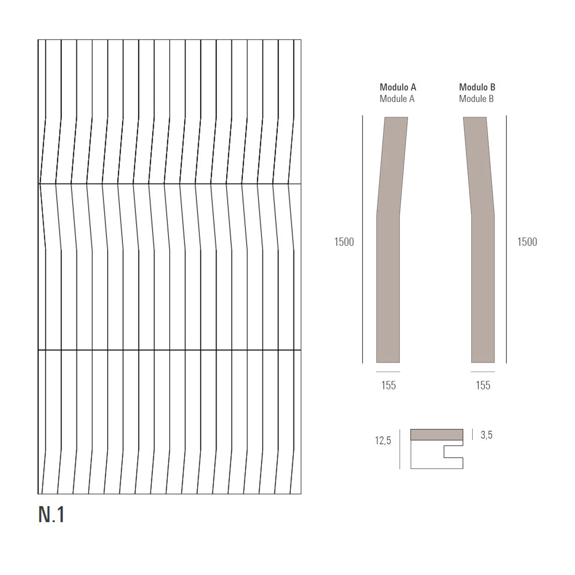 Technical drawing of a sectional wood floor design with module A and B dimensions.