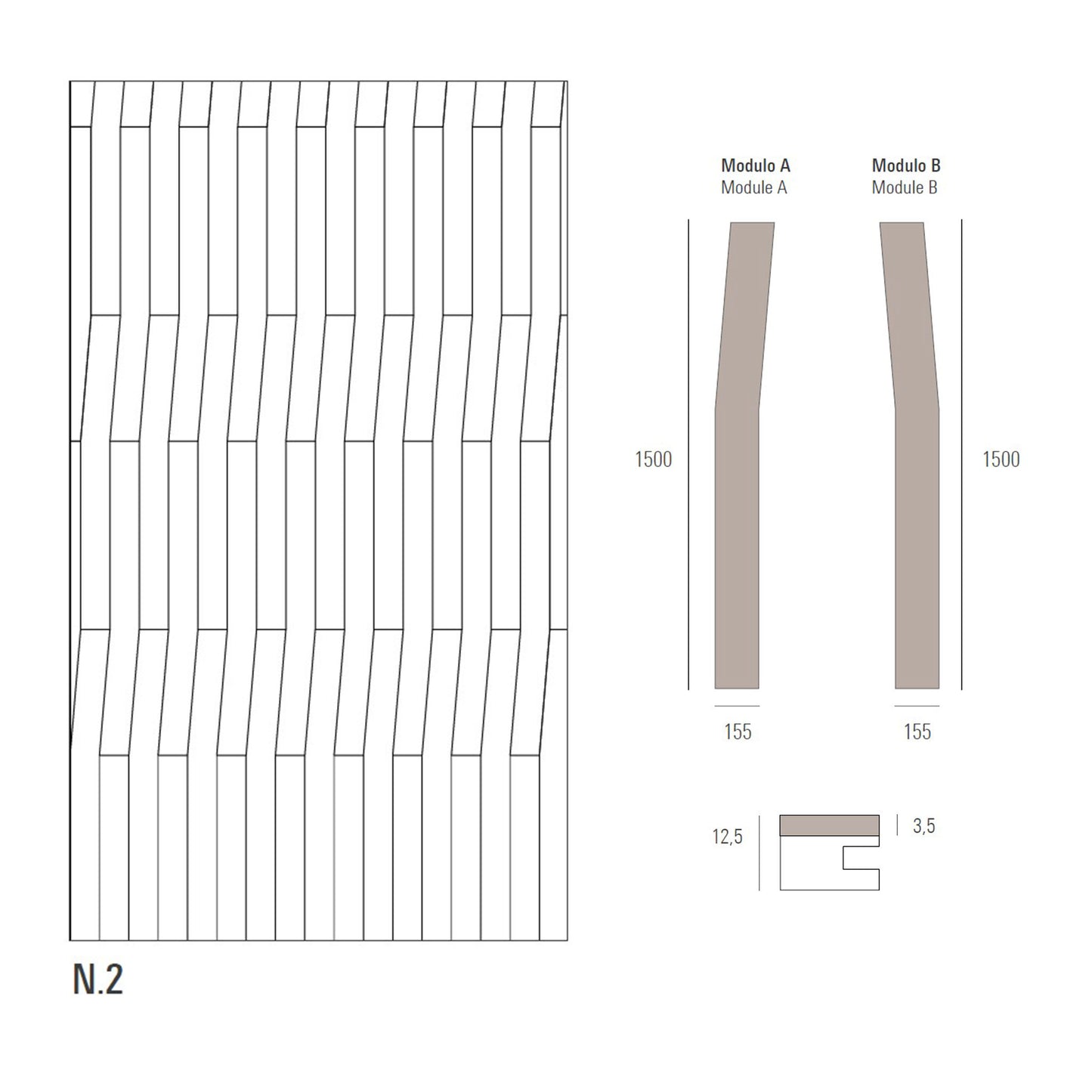 Technical drawing of a sectional wood floor design with module A and B dimensions.