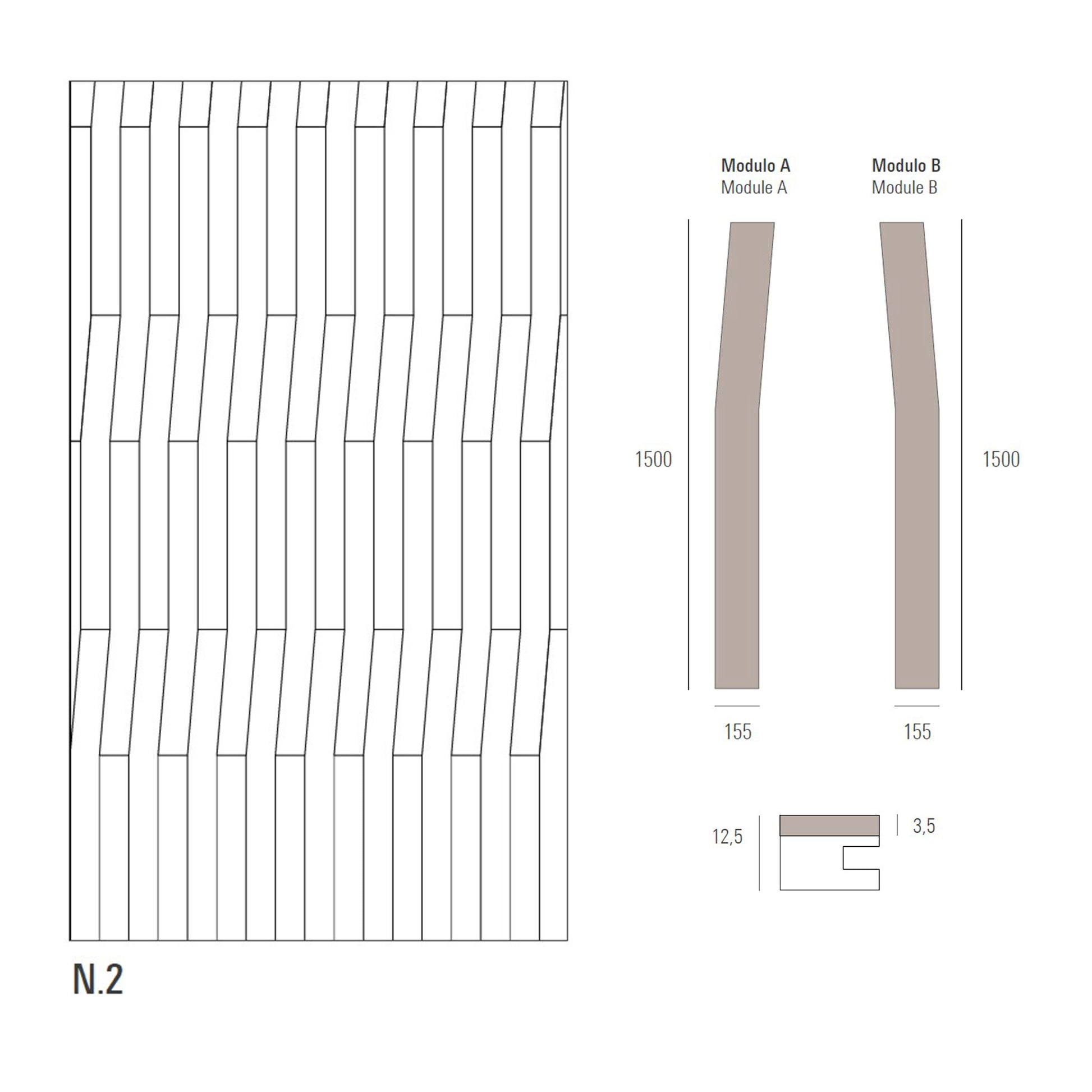 Technical drawing of a sectional wood floor design with module A and B dimensions.