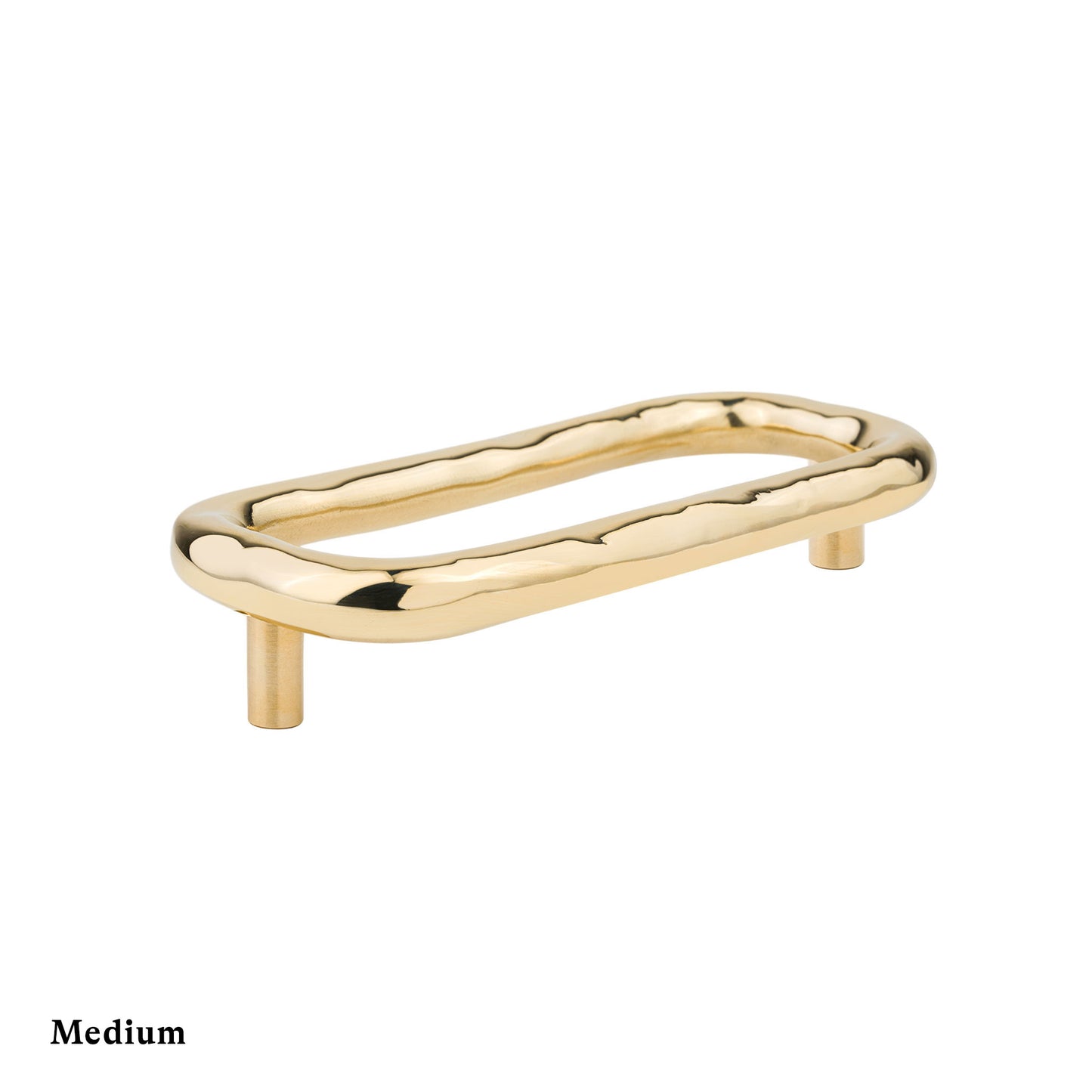 Side view of a Brass Ovoid ring cabinet pull with a unique design on a white background