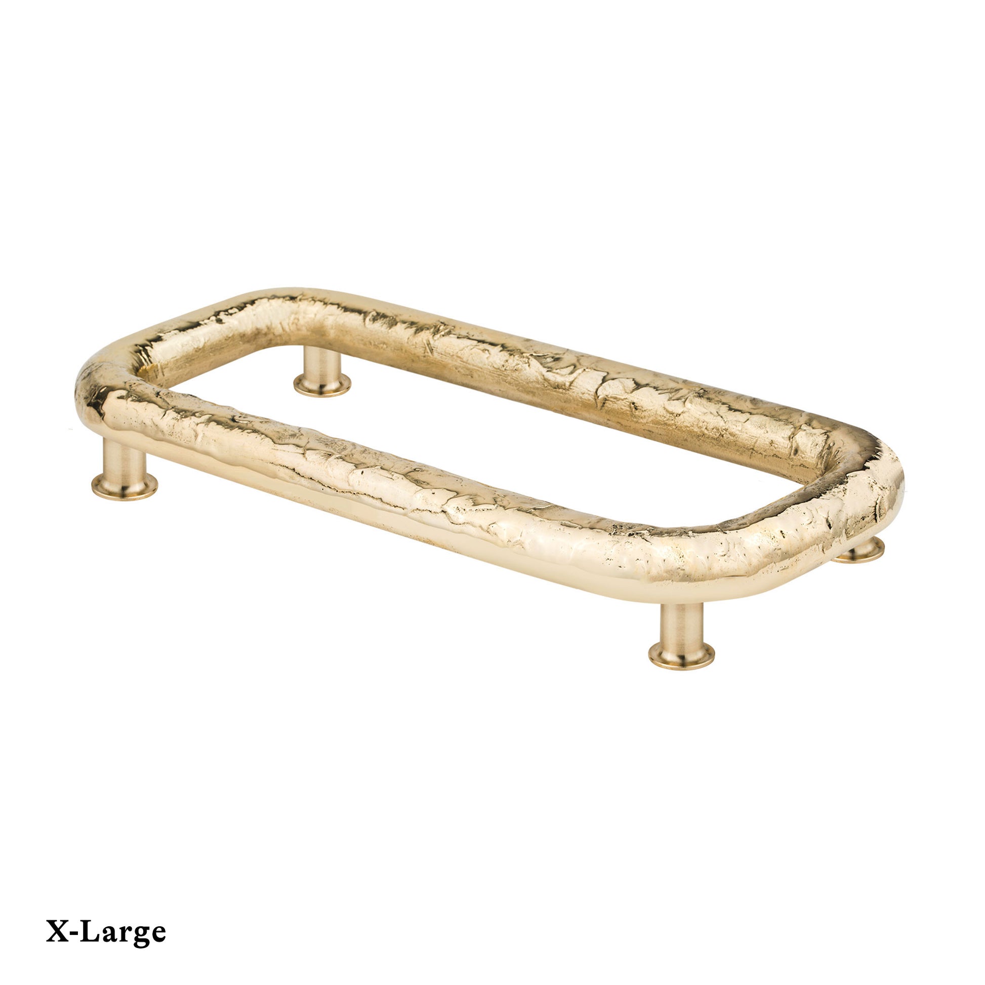 Side view of a Brass Ovoid ring cabinet pull with a unique design on a white background