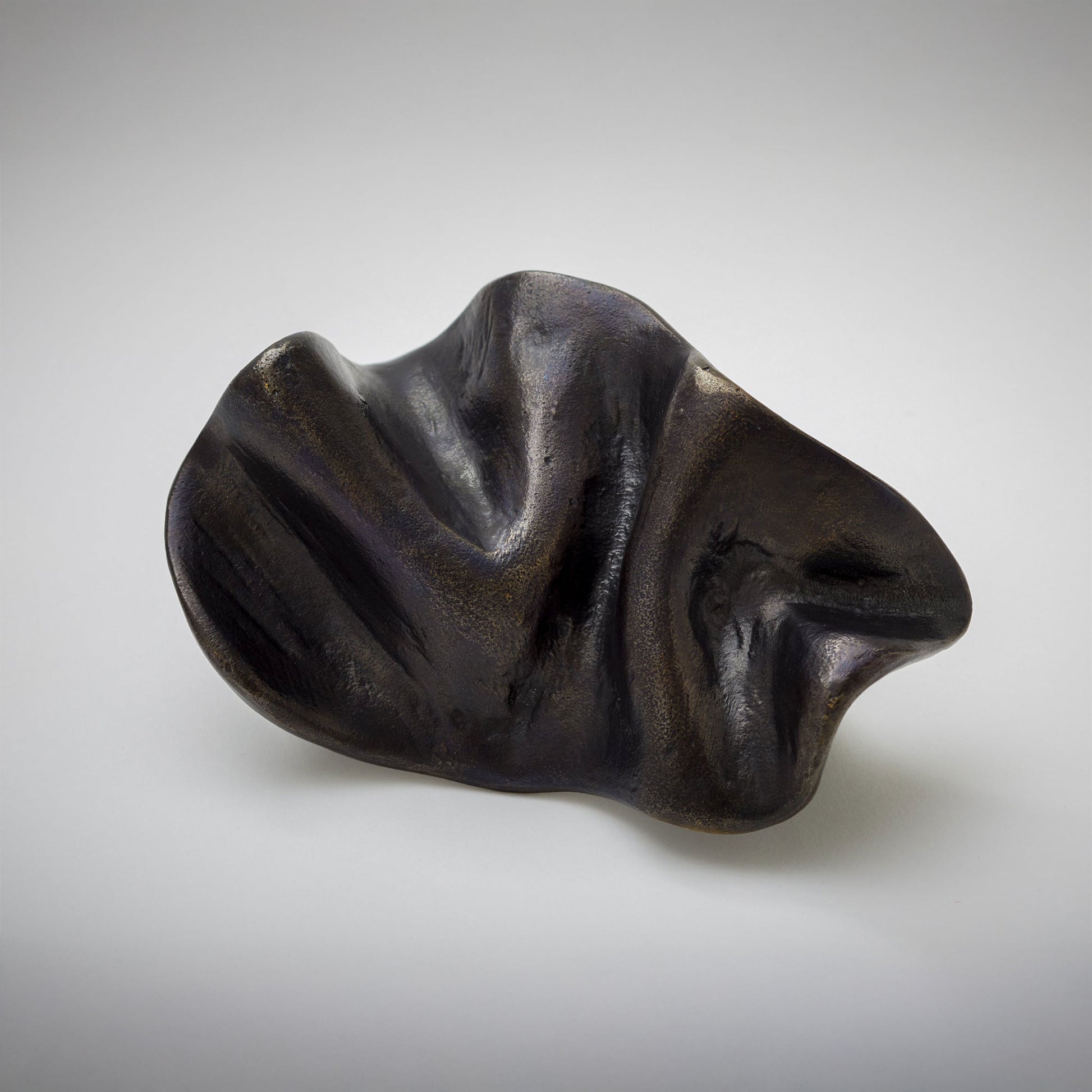 An organic-shaped cabinet pull with a glossy, wavy surface, photographed on a neutral light gray background.