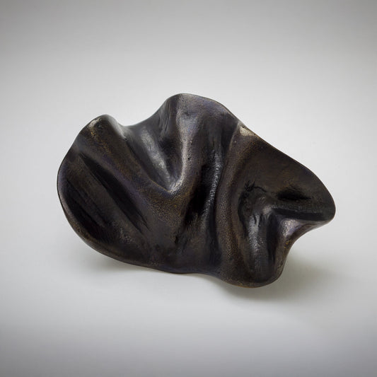 An organic-shaped cabinet pull with a glossy, wavy surface, photographed on a neutral light gray background.