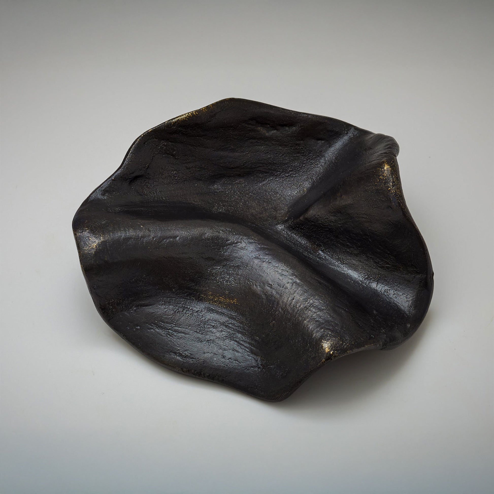 An organic-shaped metallic cabinet pull with a highly reflective, textured surface, photographed on a neutral light gray background.